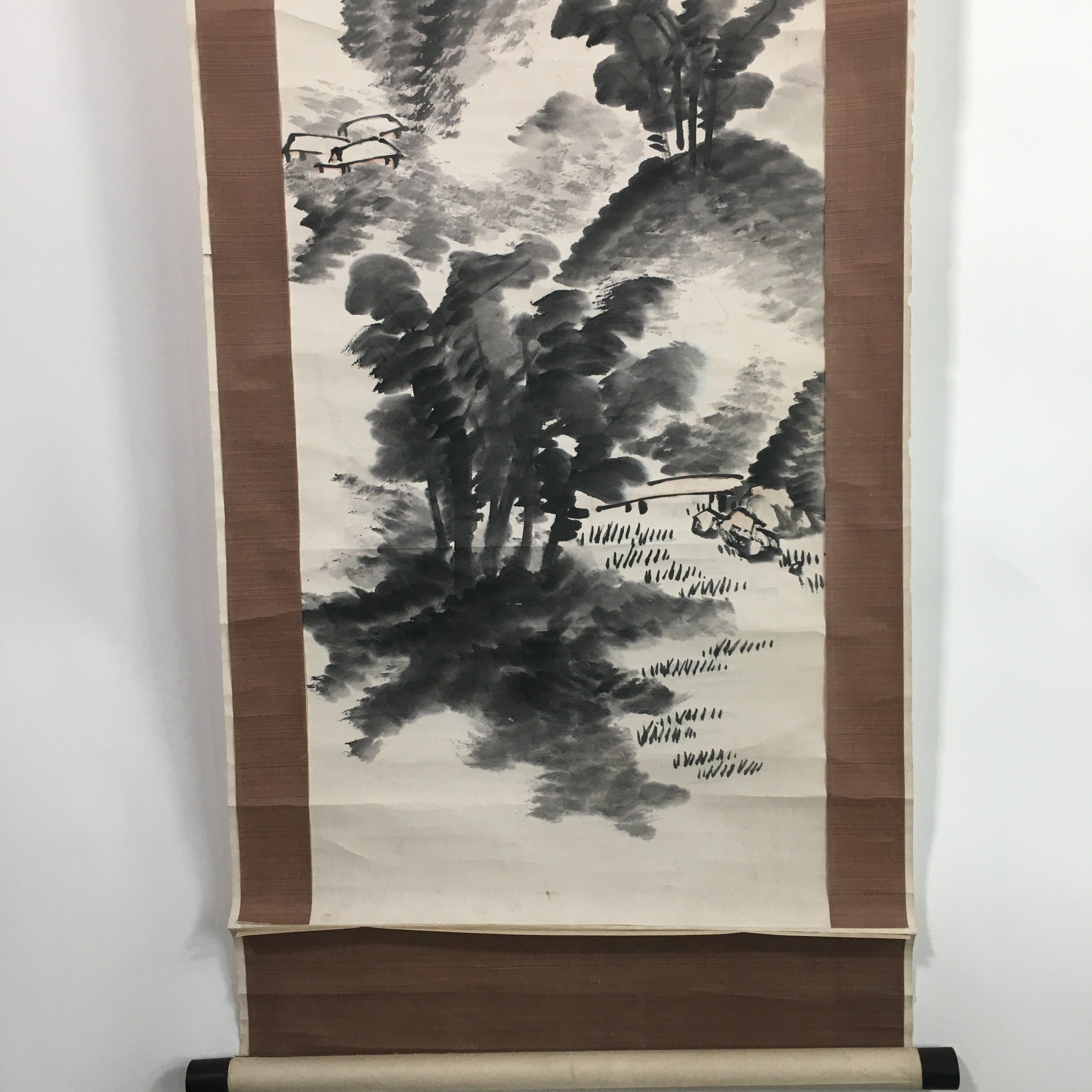 Japanese Hanging Scroll Vtg Kakejiku Kakemono Painting Mountain landscape SC666