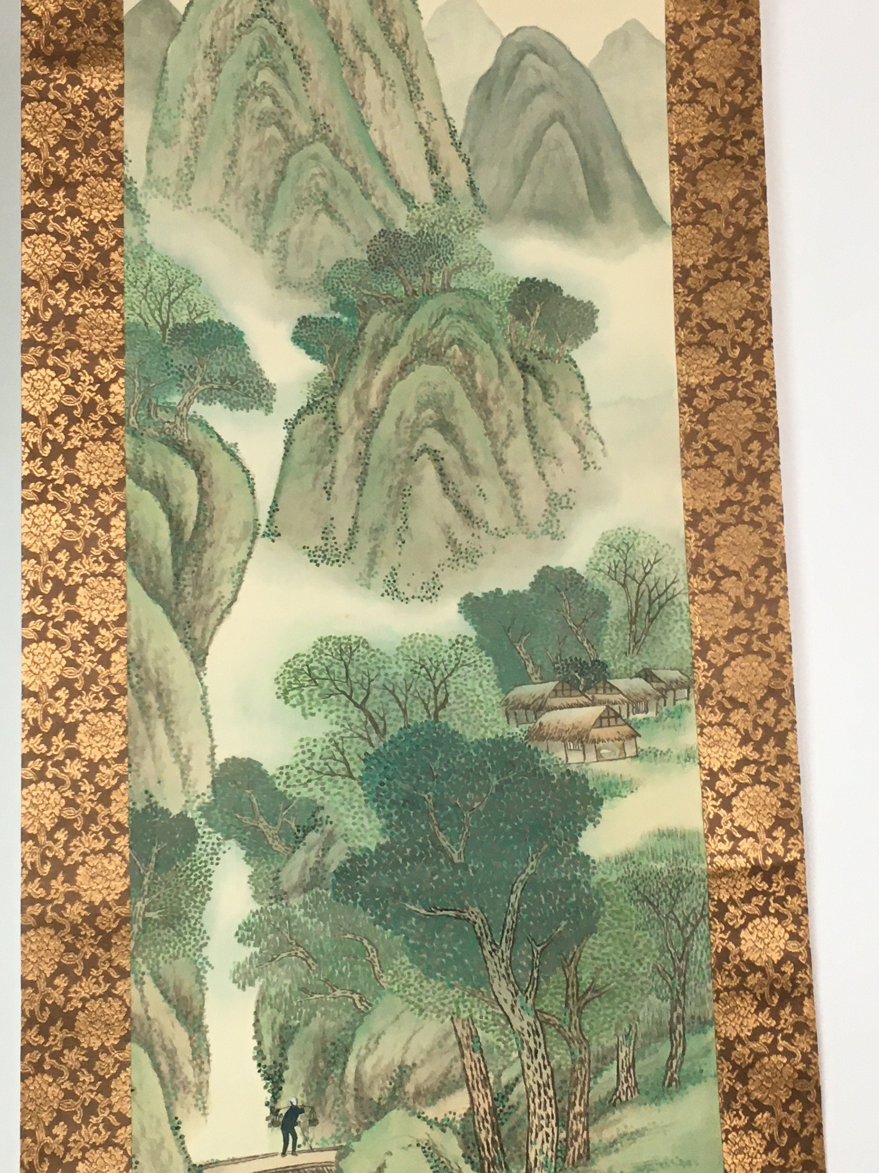 Japanese Hanging Scroll Vtg Kakejiku Kakemono Painting Mountains SC604