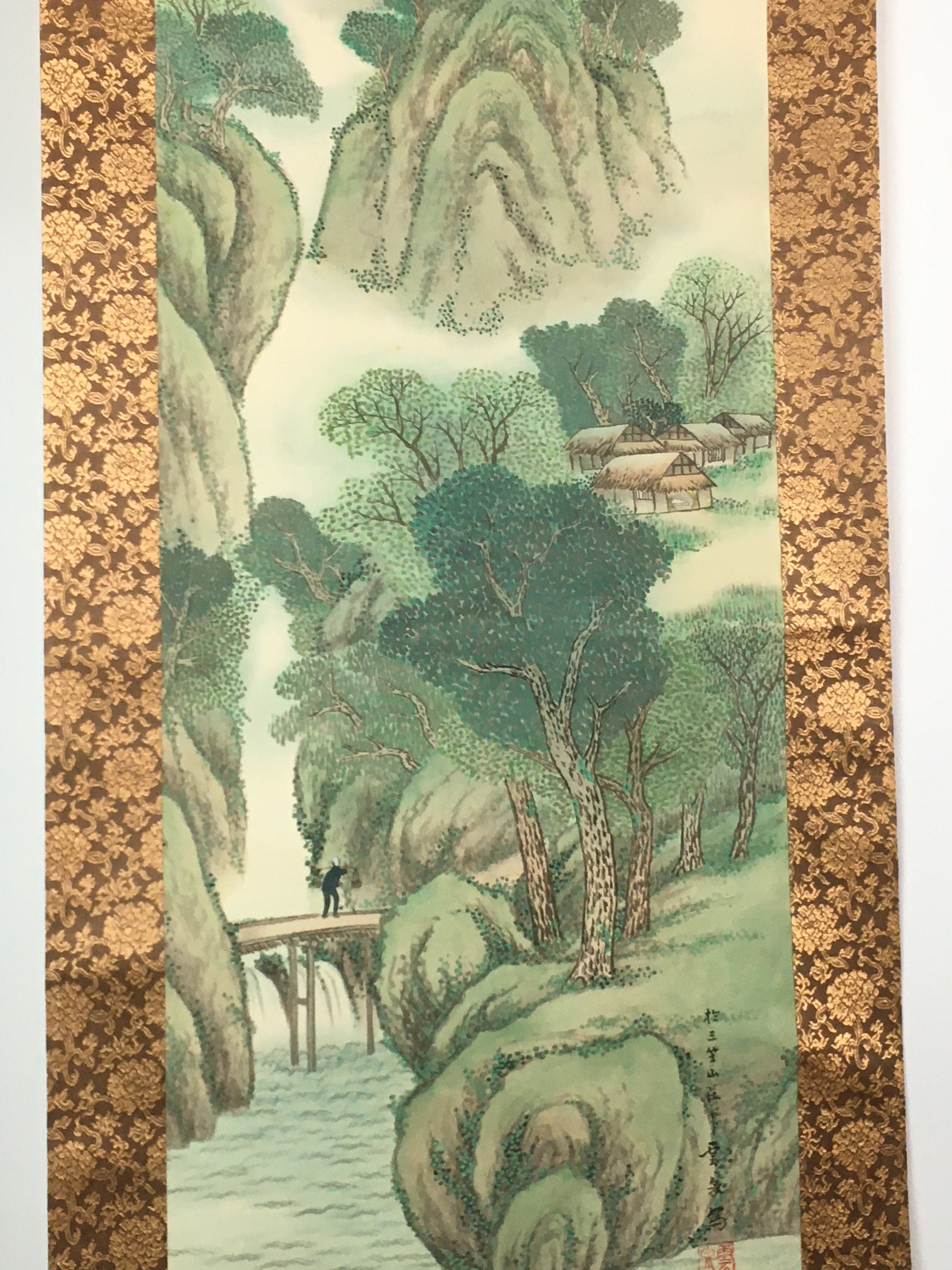 Japanese Hanging Scroll Vtg Kakejiku Kakemono Painting Mountains SC604