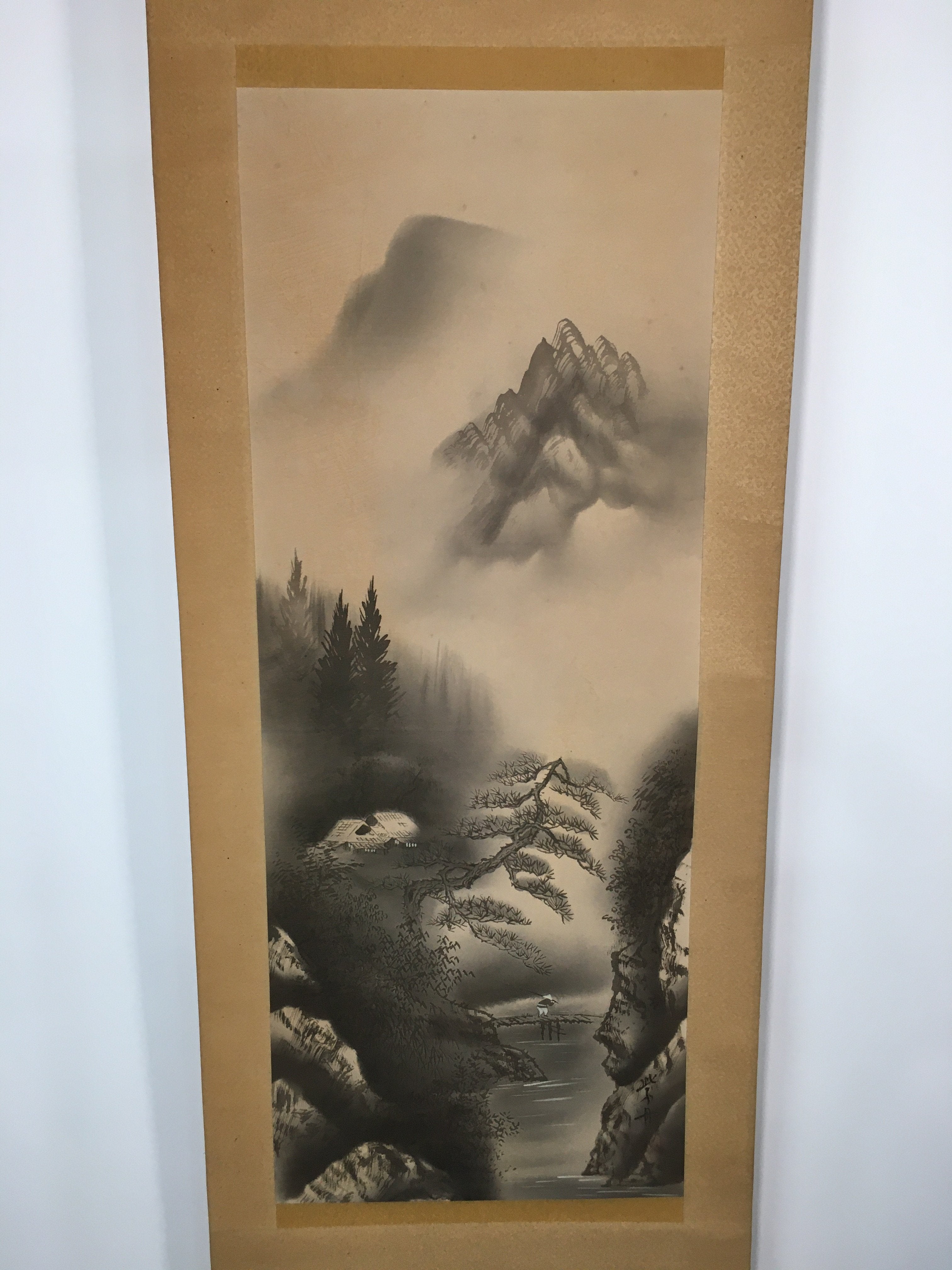 Japanese Hanging Scroll Vtg Kakejiku Kakemono Painting Mountains