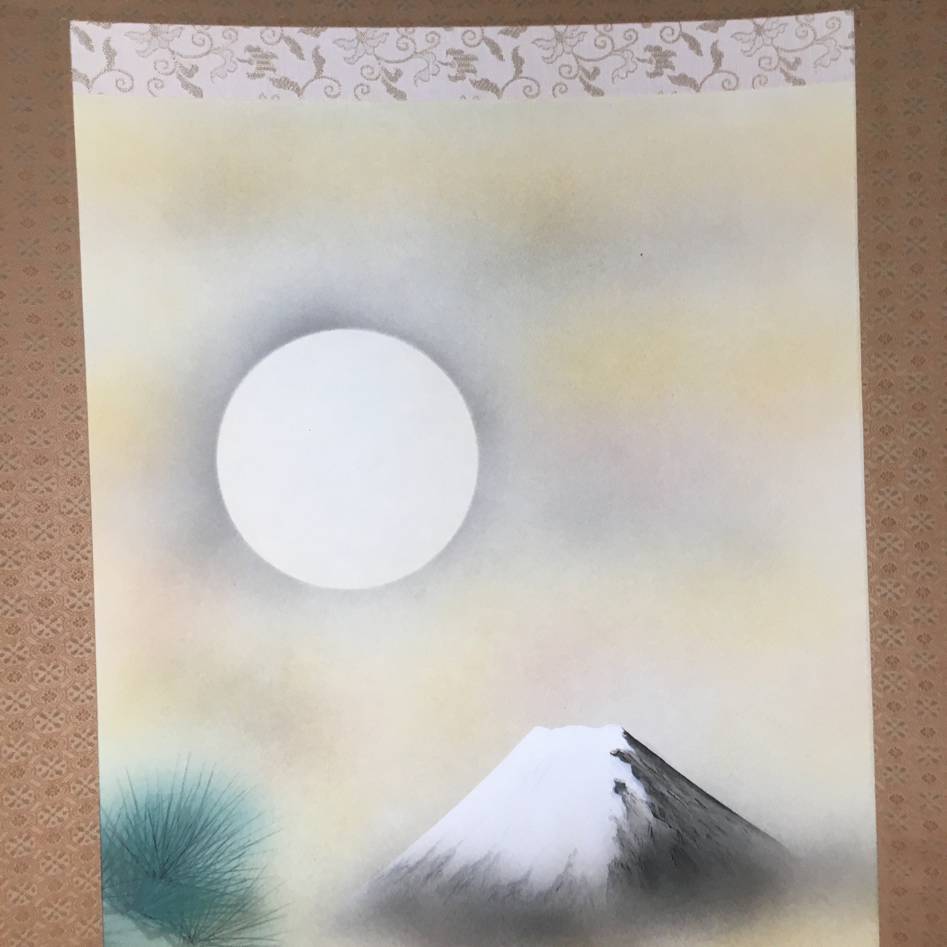Japanese Hanging Scroll Vtg Kakejiku Kakemono Painting Owl Mt.Fuji Moon SC567