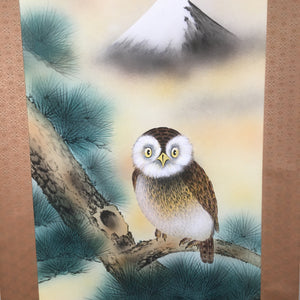 Japanese Hanging Scroll Vtg Kakejiku Kakemono Painting Owl Mt.Fuji Moon SC567