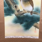 Japanese Hanging Scroll Vtg Kakejiku Kakemono Painting Owl Mt.Fuji Moon SC567