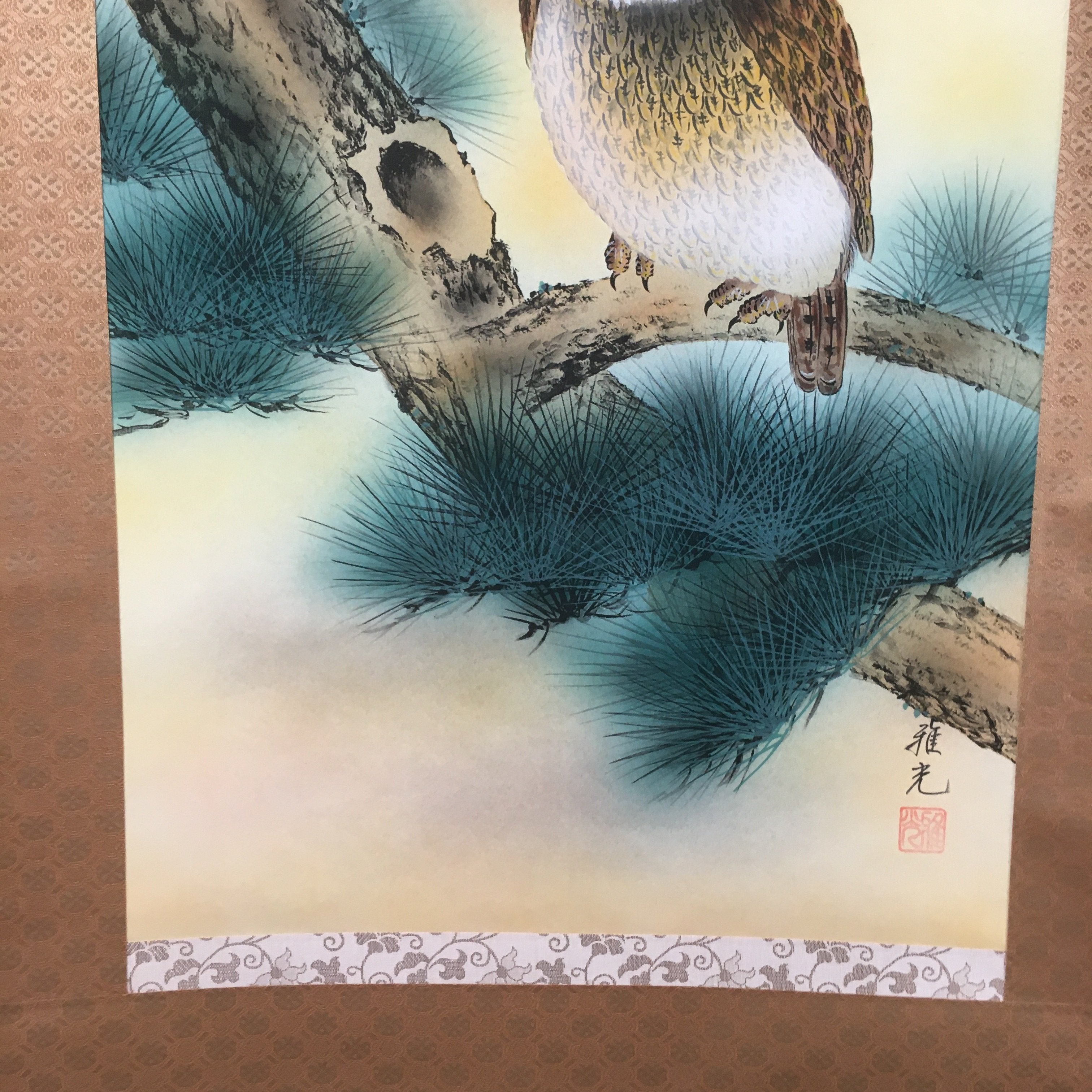 Japanese Hanging Scroll Vtg Kakejiku Kakemono Painting Owl Mt.Fuji Moon SC567