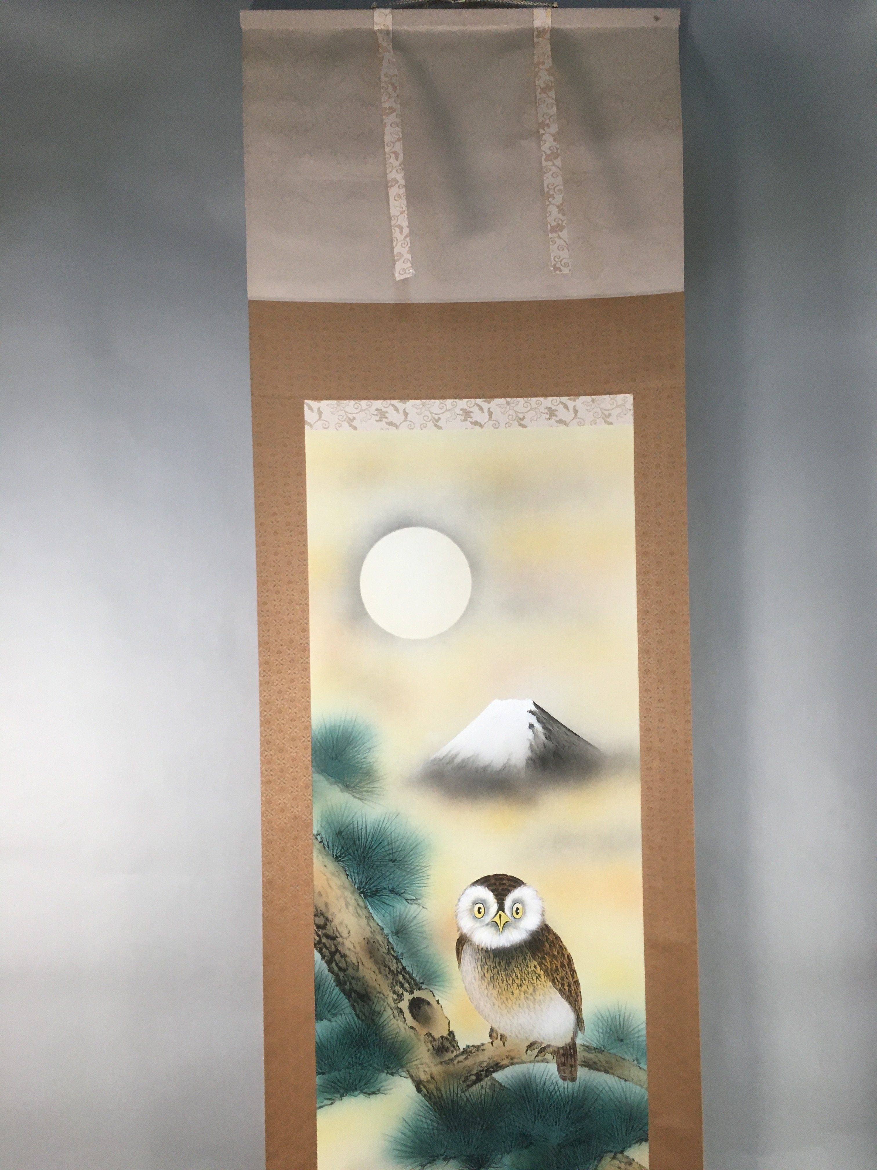Japanese Hanging Scroll Vtg Kakejiku Kakemono Painting Owl Mt.Fuji Moon SC567