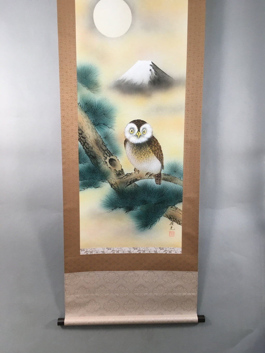 Japanese Hanging Scroll Vtg Kakejiku Kakemono Painting Owl Mt.Fuji Moon SC567