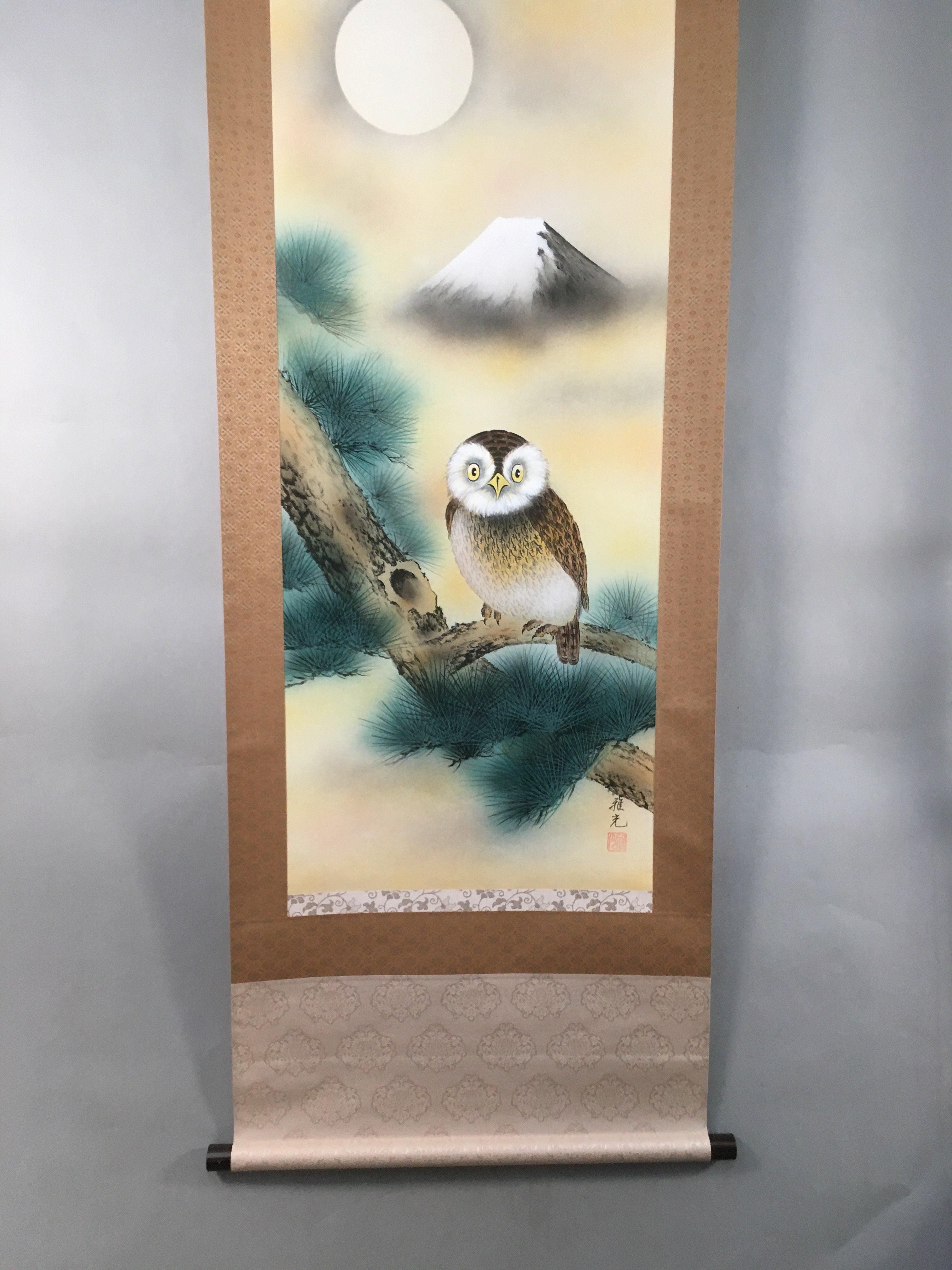 Japanese Hanging Scroll Vtg Kakejiku Kakemono Painting Owl Mt.Fuji Moon SC567