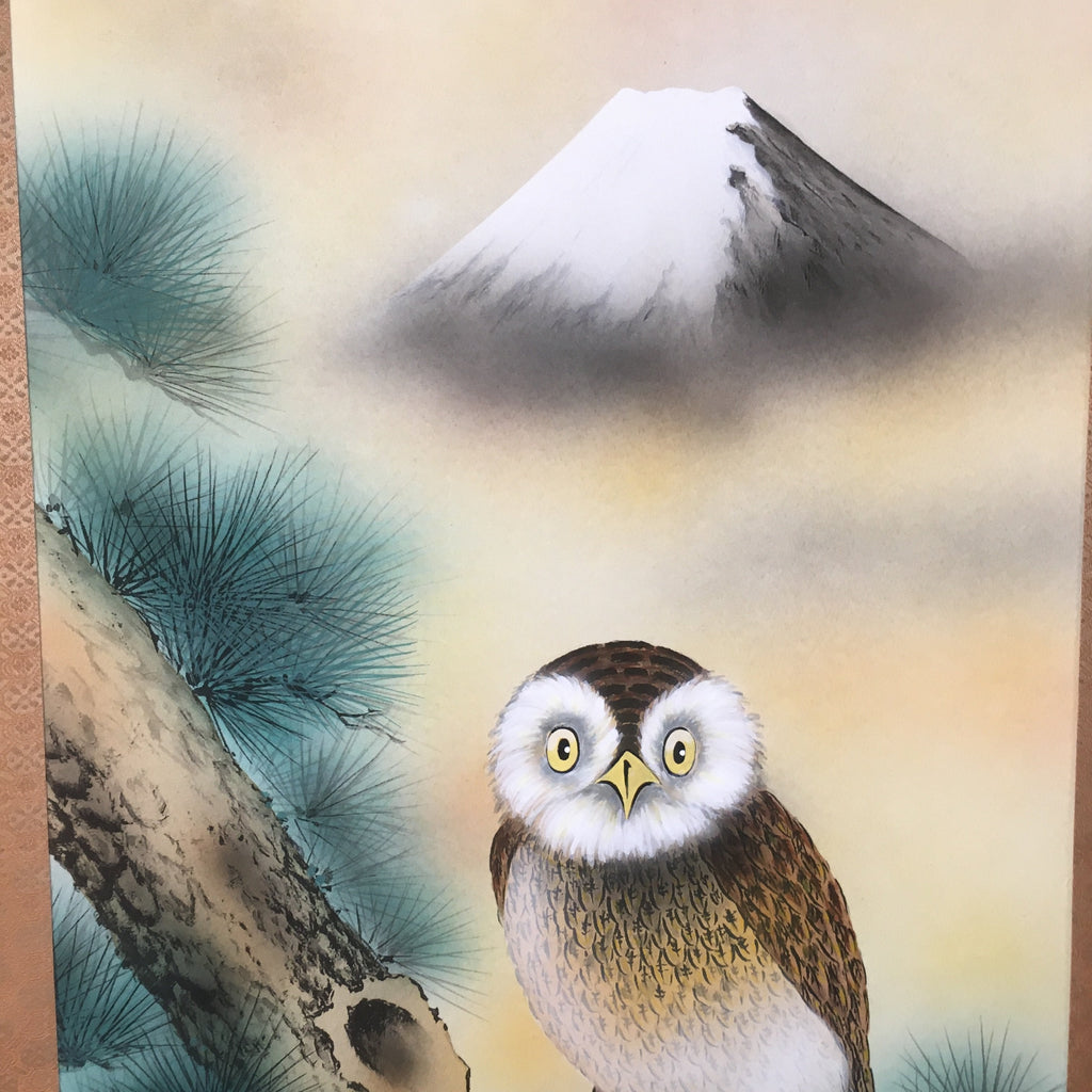 Japanese Hanging Scroll Vtg Kakejiku Kakemono Painting Owl Mt.Fuji Moon SC567