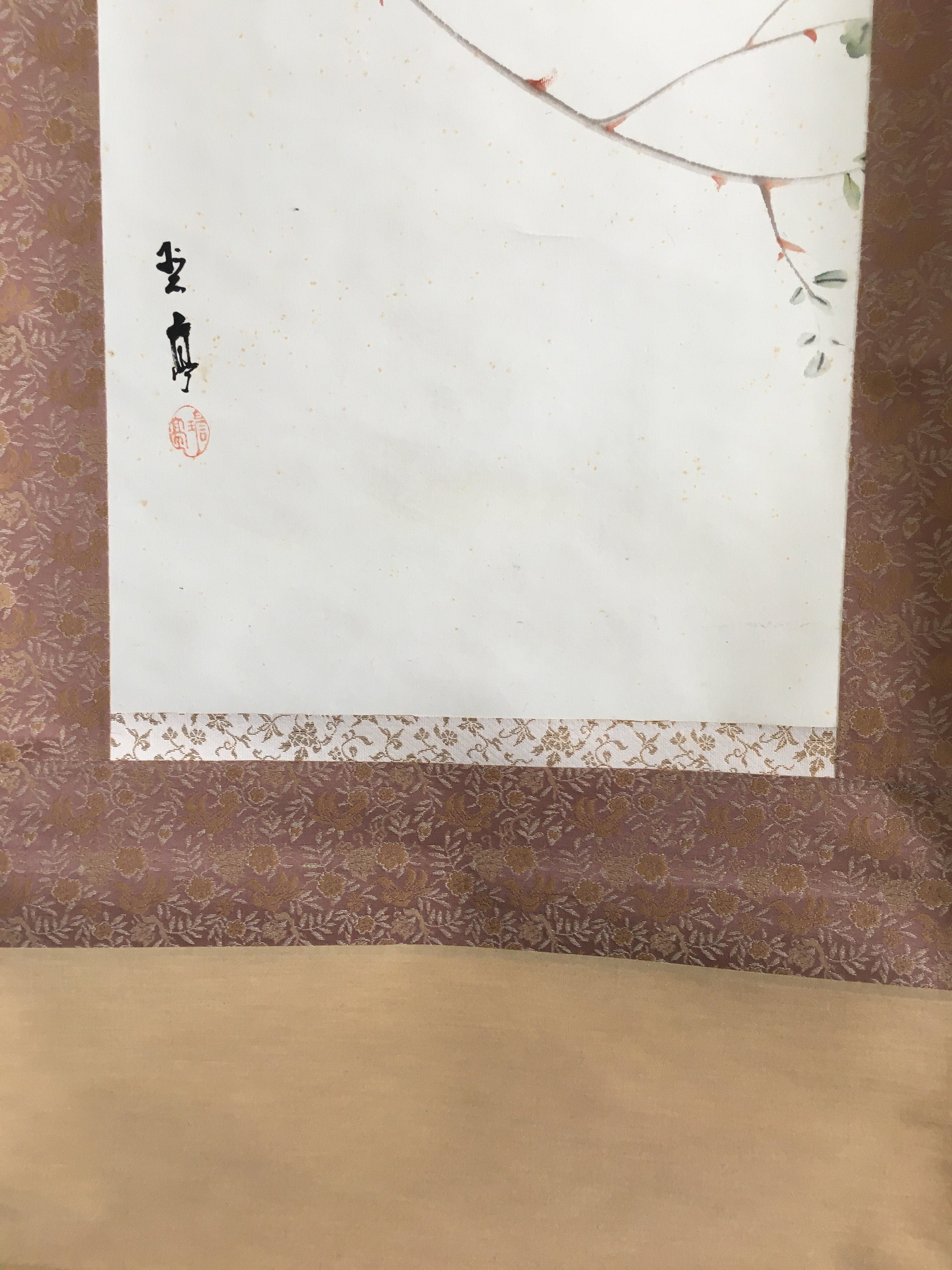 Japanese Hanging Scroll Vtg Kakejiku Kakemono Painting Pink Rose Flower SC693