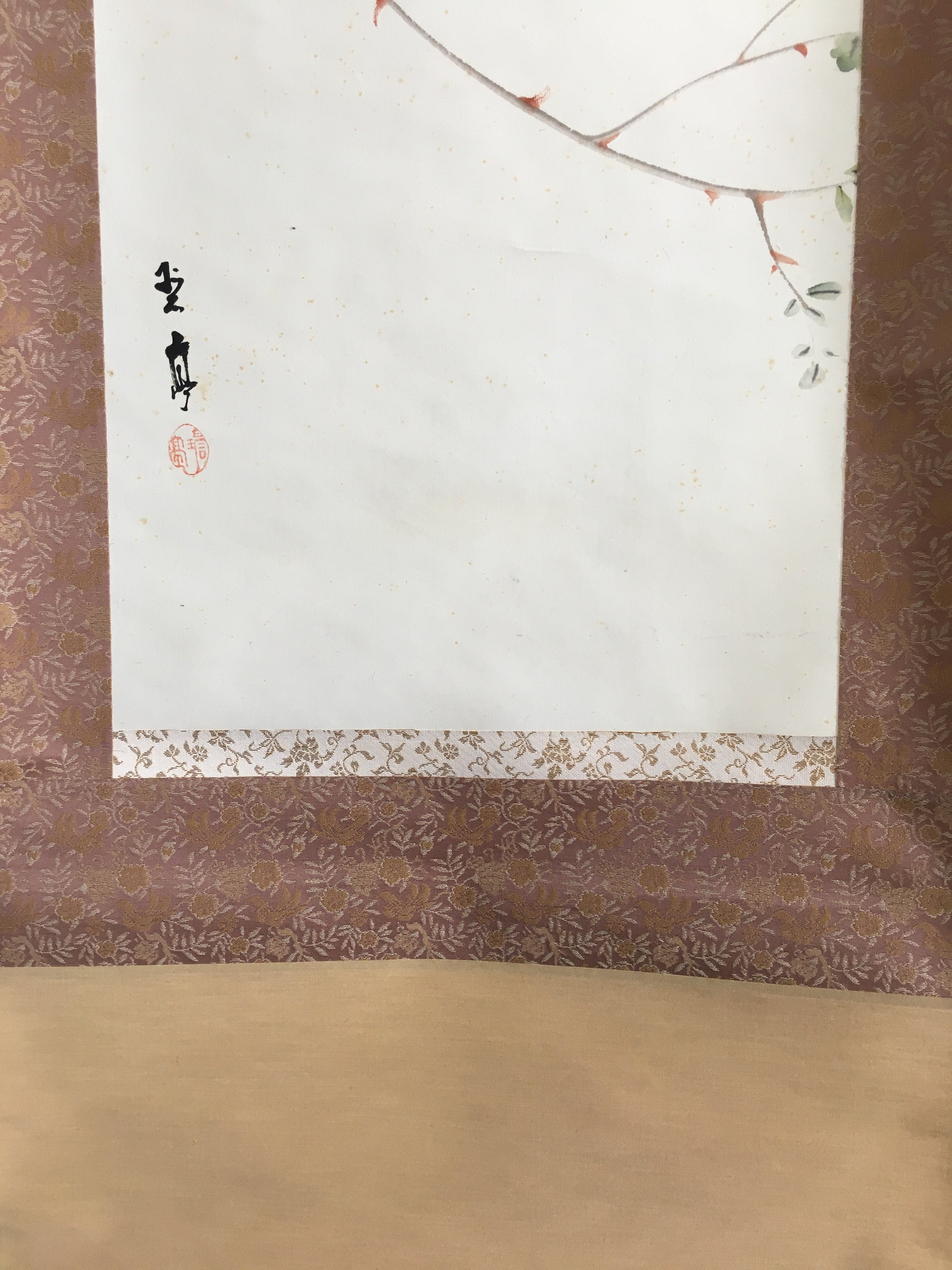 Japanese Hanging Scroll Vtg Kakejiku Kakemono Painting Pink Rose Flower SC693