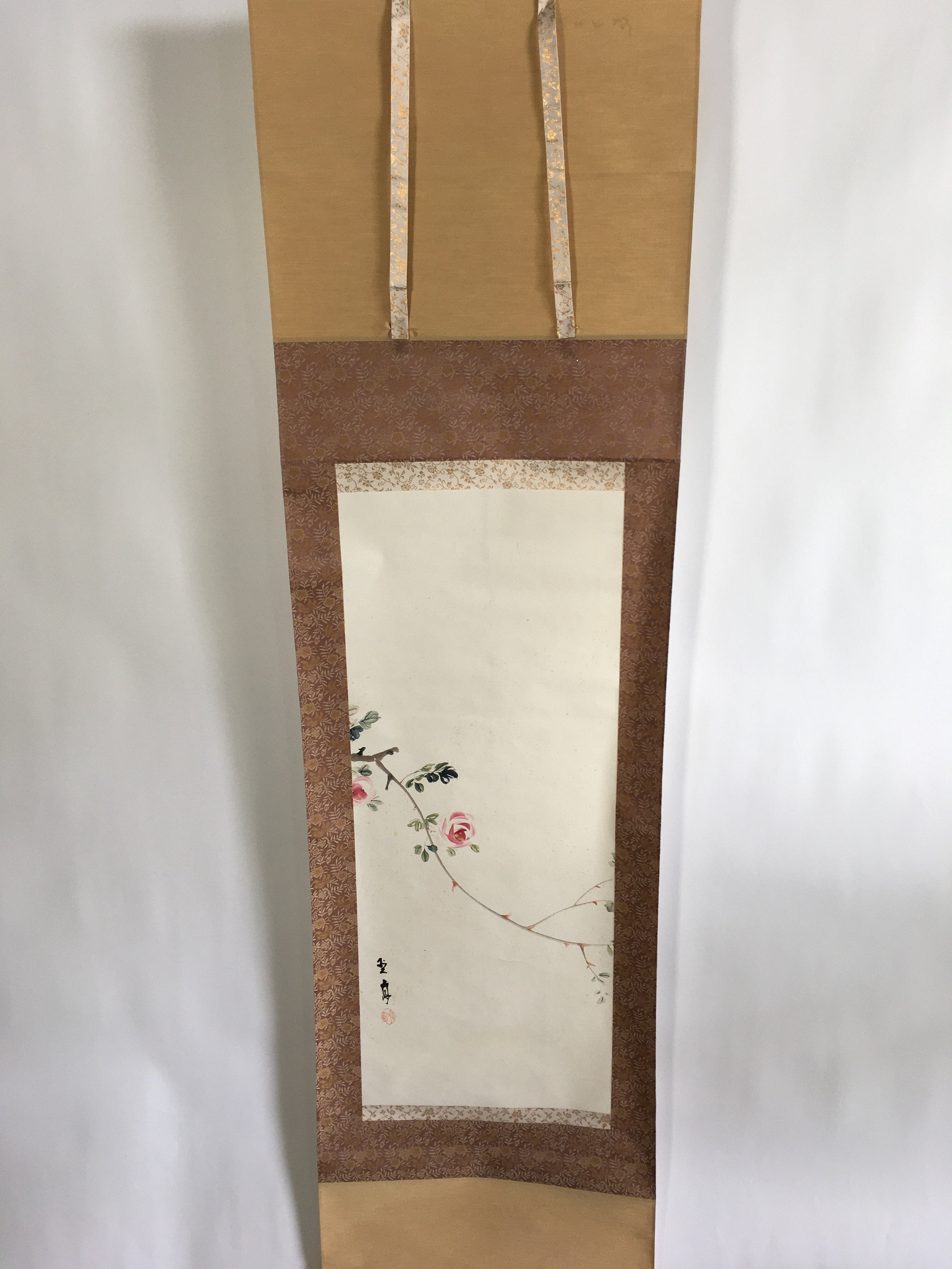 Japanese Hanging Scroll Vtg Kakejiku Kakemono Painting Pink Rose Flower SC693