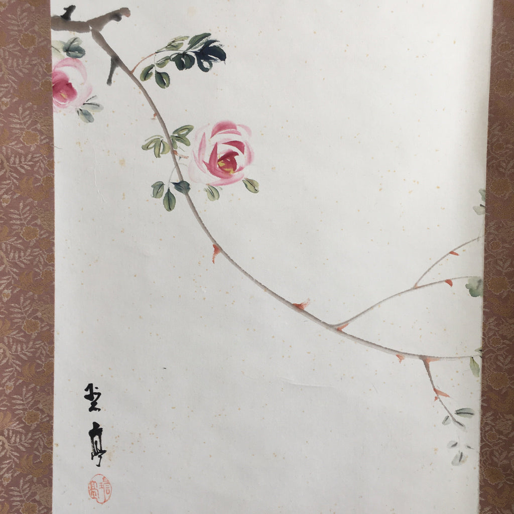 Japanese Hanging Scroll Vtg Kakejiku Kakemono Painting Pink Rose Flower SC693