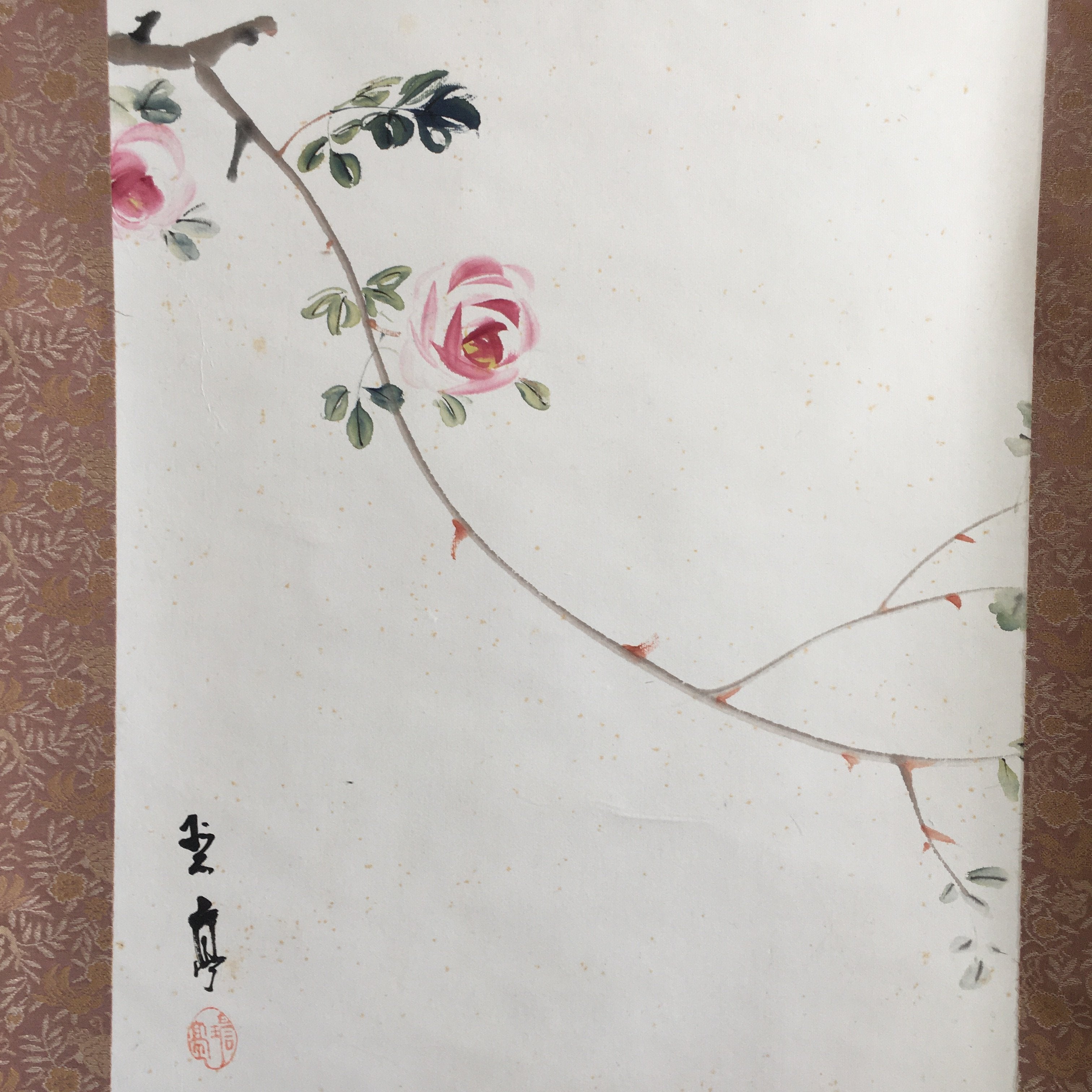 Japanese Hanging Scroll Vtg Kakejiku Kakemono Painting Pink Rose Flower SC693