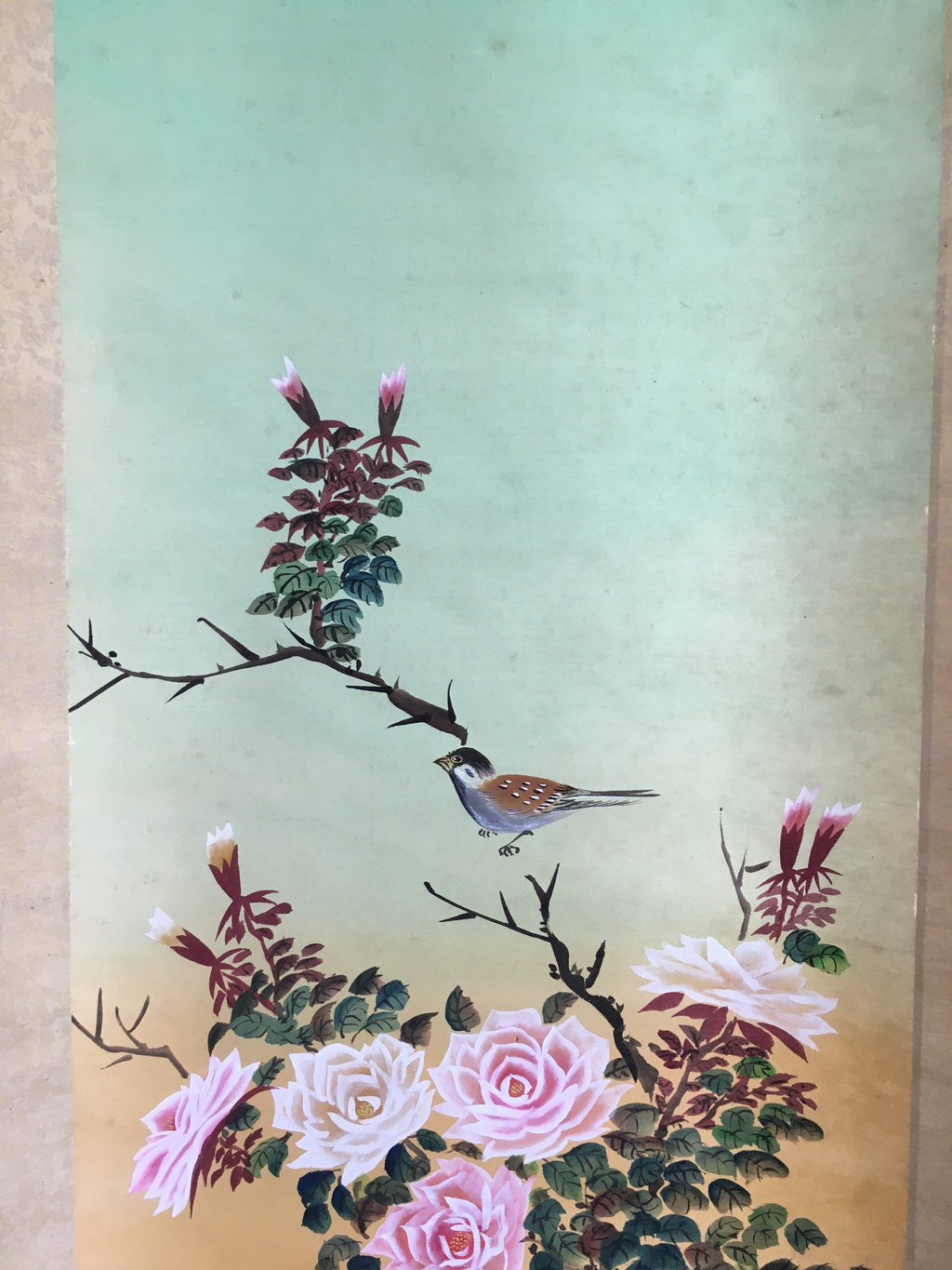 Japanese Hanging Scroll Vtg Kakejiku Kakemono Painting Pink Rose Sparrow SC695