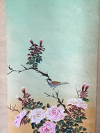 Japanese Hanging Scroll Vtg Kakejiku Kakemono Painting Pink Rose Sparrow SC695