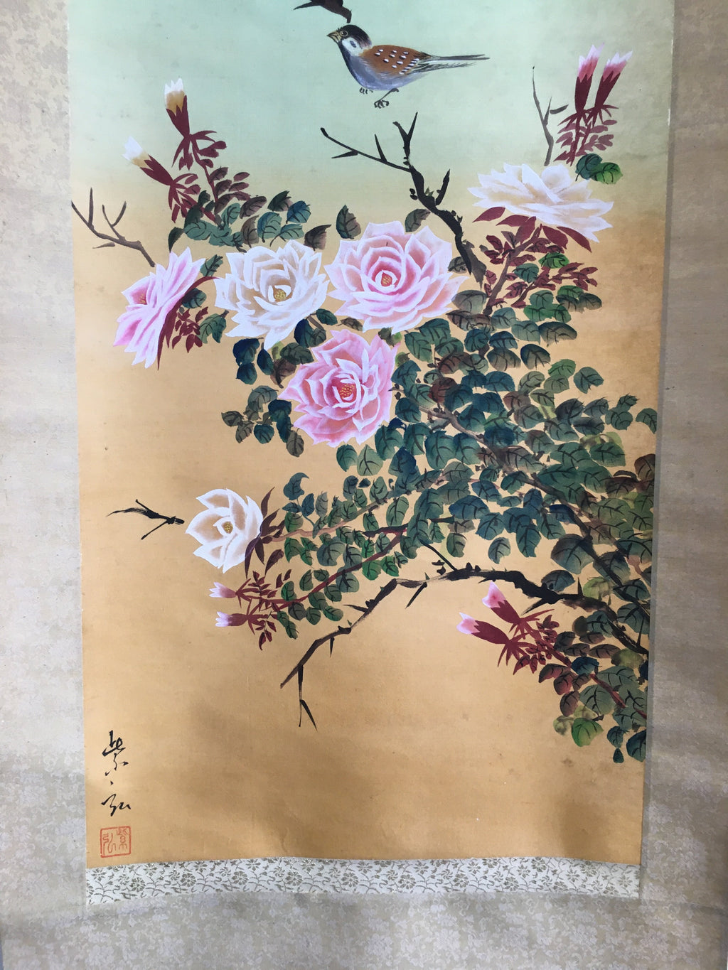 Japanese Hanging Scroll Vtg Kakejiku Kakemono Painting Pink Rose Sparrow SC695