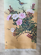 Japanese Hanging Scroll Vtg Kakejiku Kakemono Painting Pink Rose Sparrow SC695