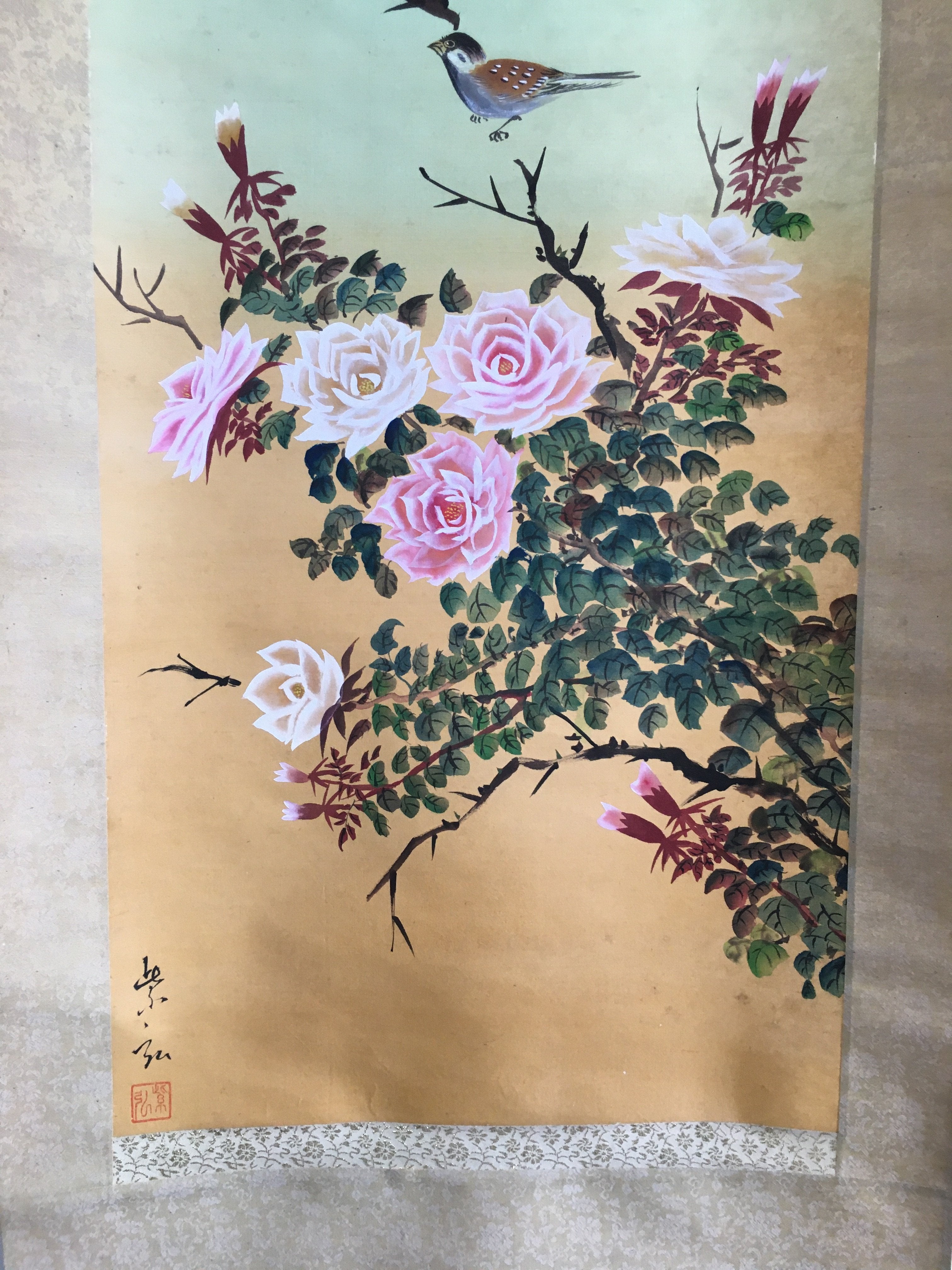 Japanese Hanging Scroll Vtg Kakejiku Kakemono Painting Pink Rose Sparrow SC695