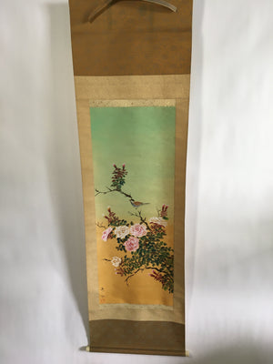 Japanese Hanging Scroll Vtg Kakejiku Kakemono Painting Pink Rose Sparrow SC695