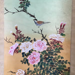 Japanese Hanging Scroll Vtg Kakejiku Kakemono Painting Pink Rose Sparrow SC695