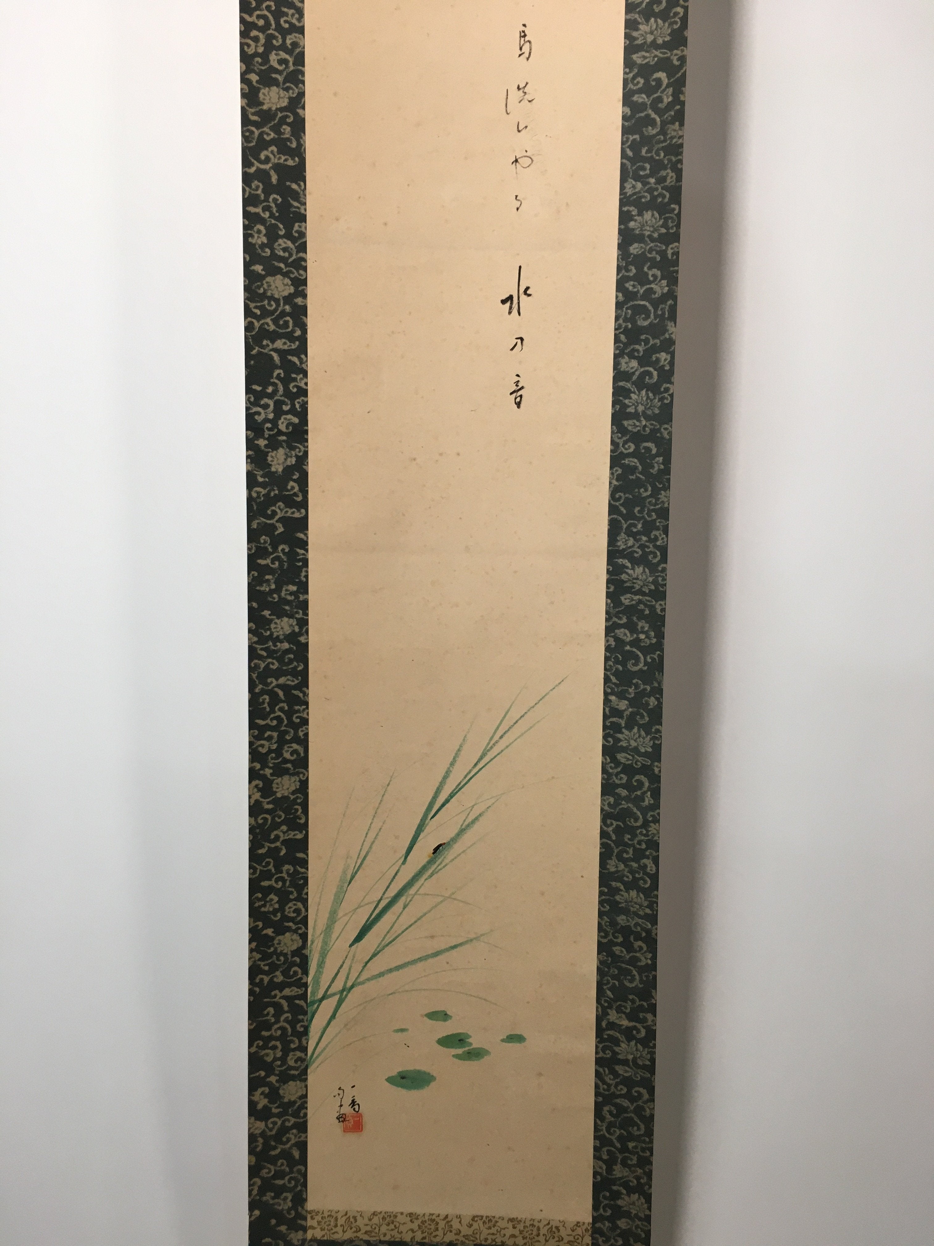 Japanese Hanging Scroll Vtg Kakejiku Kakemono Painting Poem Pond Firefly SC596