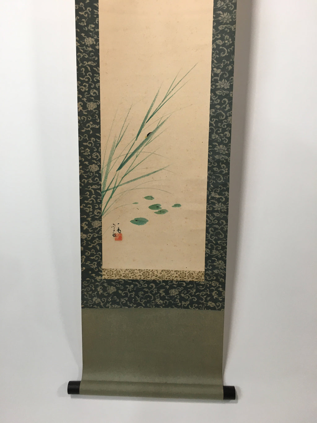 Japanese Hanging Scroll Vtg Kakejiku Kakemono Painting Poem Pond Firefly SC596