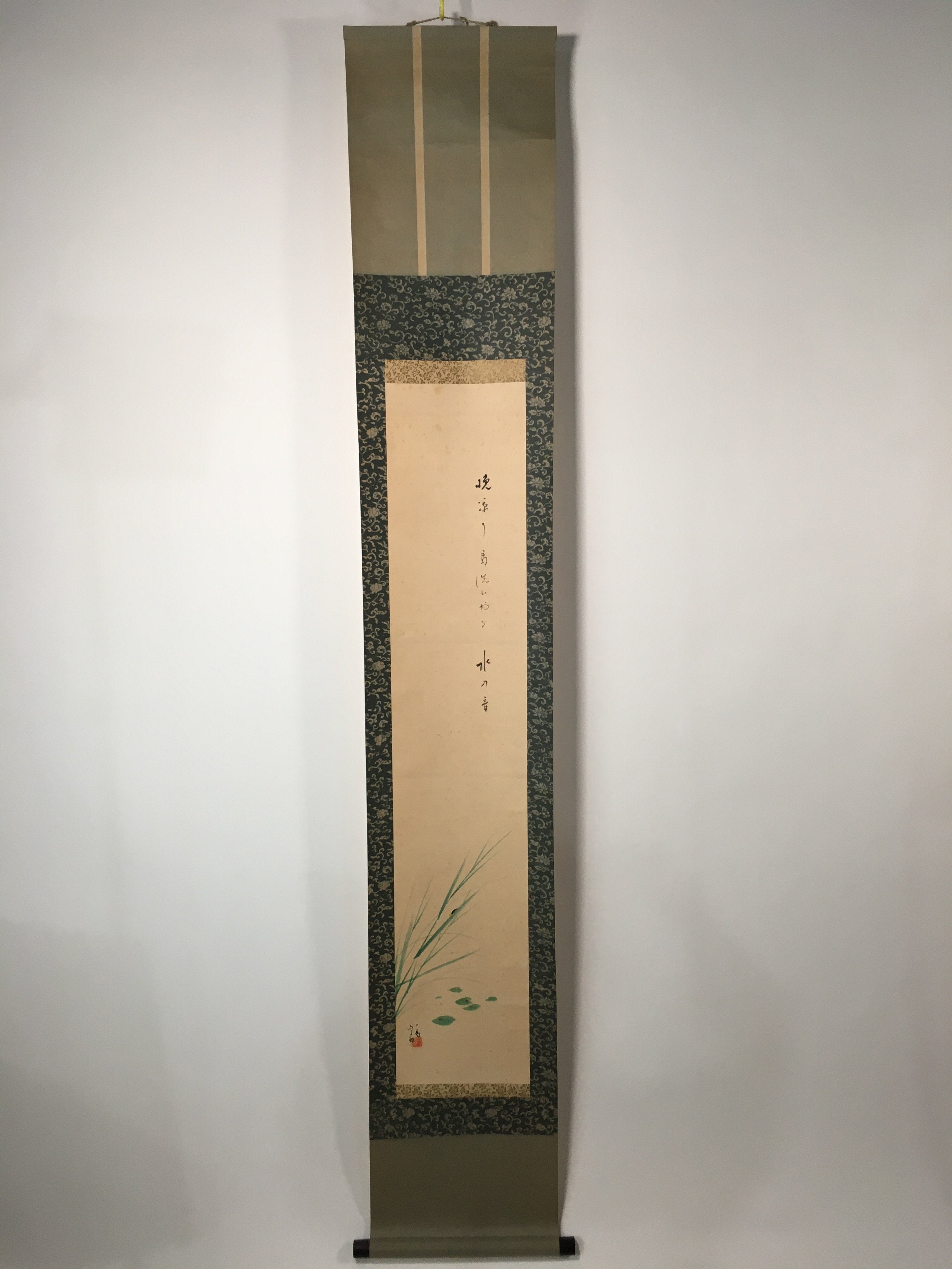Japanese Hanging Scroll Vtg Kakejiku Kakemono Painting Poem Pond Firefly SC596