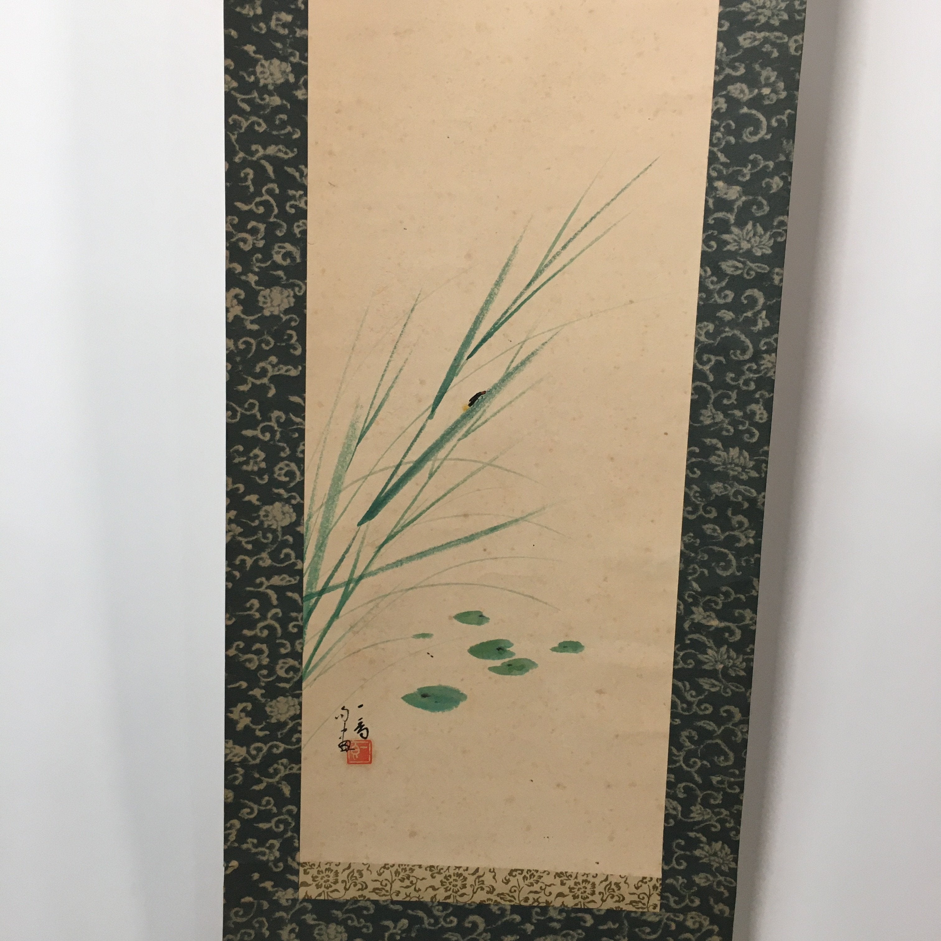 Japanese Hanging Scroll Vtg Kakejiku Kakemono Painting Poem Pond Firefly SC596