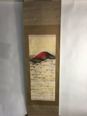 Japanese Hanging Scroll Vtg Kakejiku Kakemono Painting Red Mount Fuji SC653