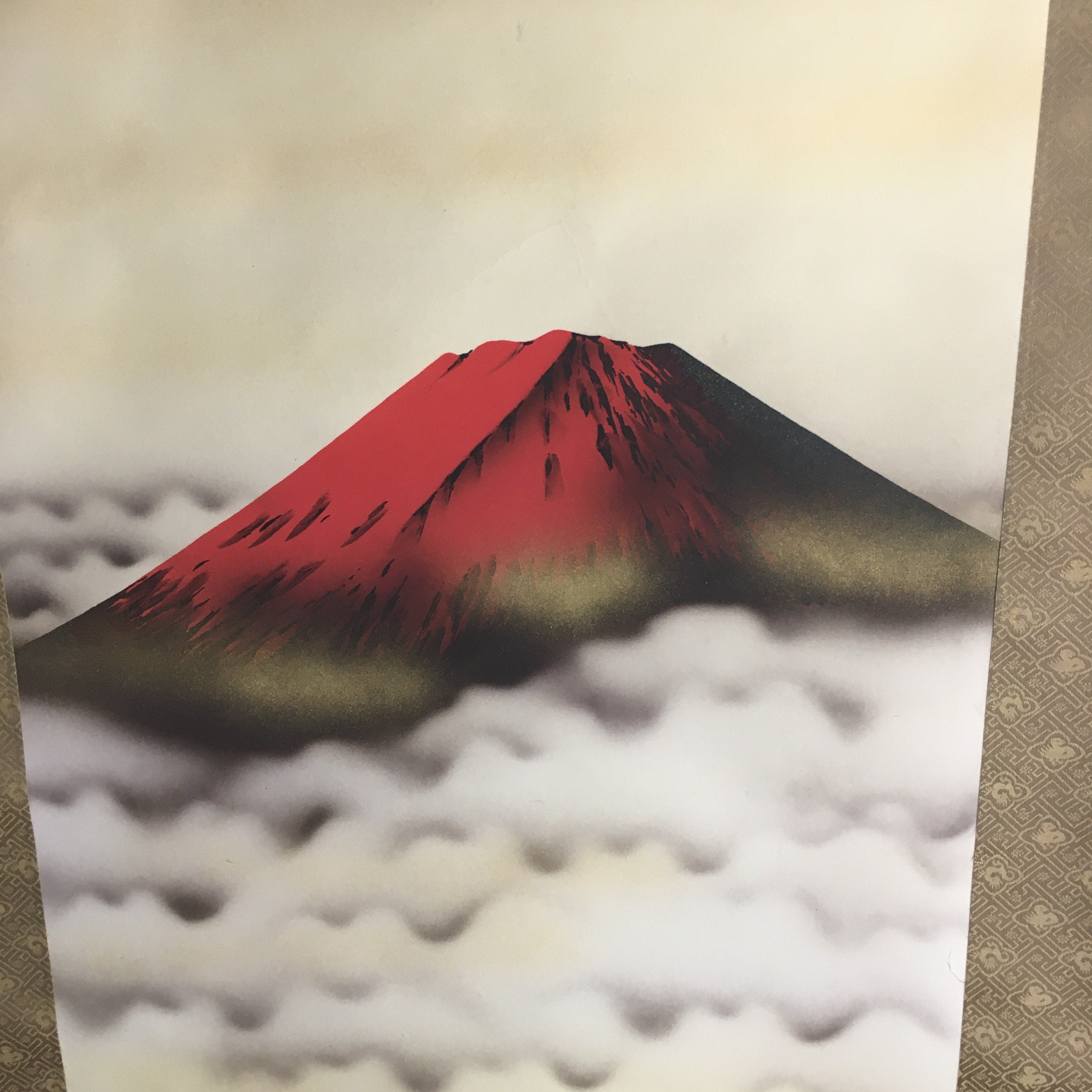 Japanese Hanging Scroll Vtg Kakejiku Kakemono Painting Red Mount Fuji SC653