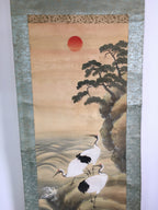 Japanese Hanging Scroll Vtg Kakejiku Kakemono Painting Scenery Cranes SC593