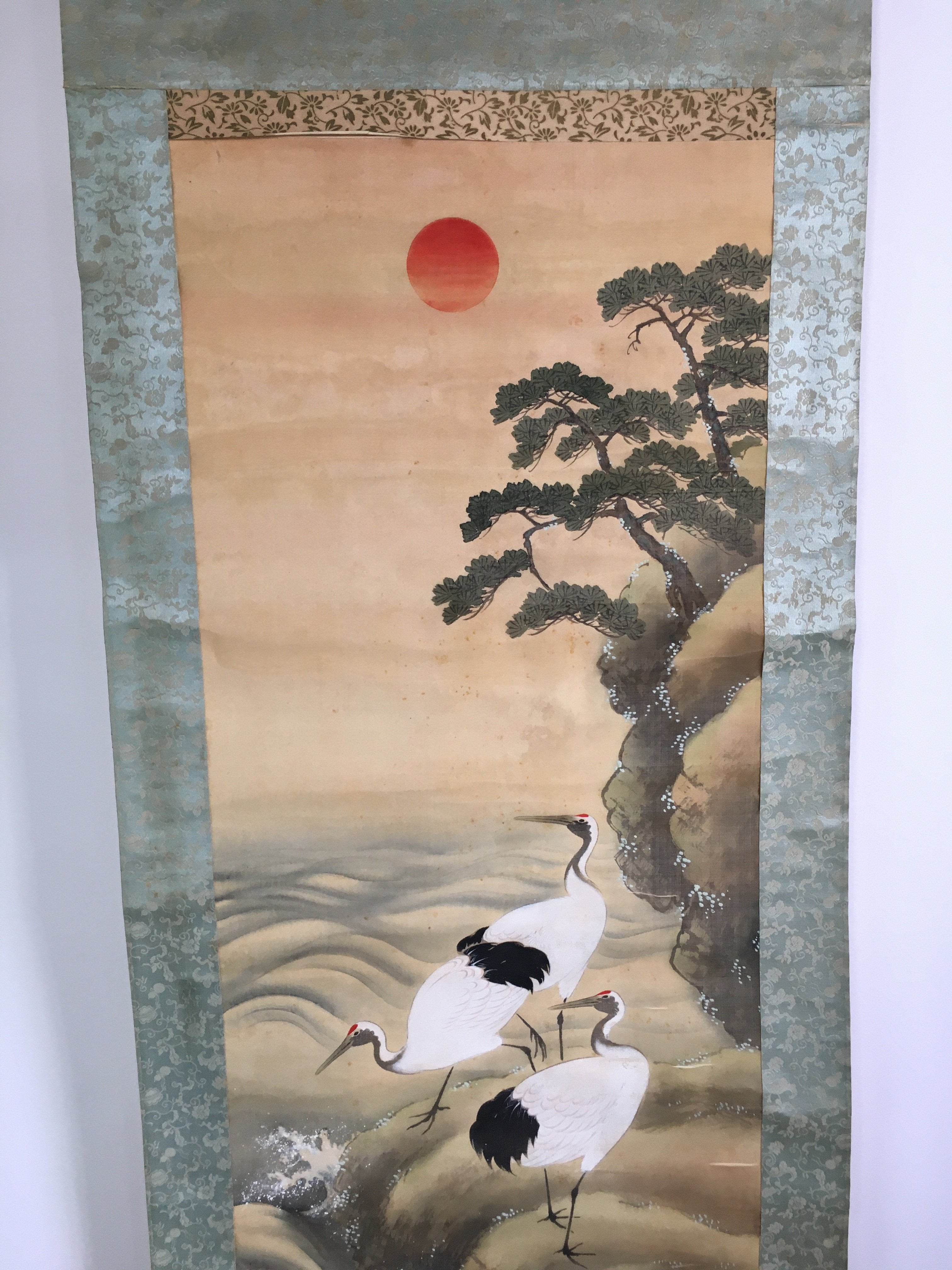 Japanese Hanging Scroll Vtg Kakejiku Kakemono Painting Scenery Cranes SC593