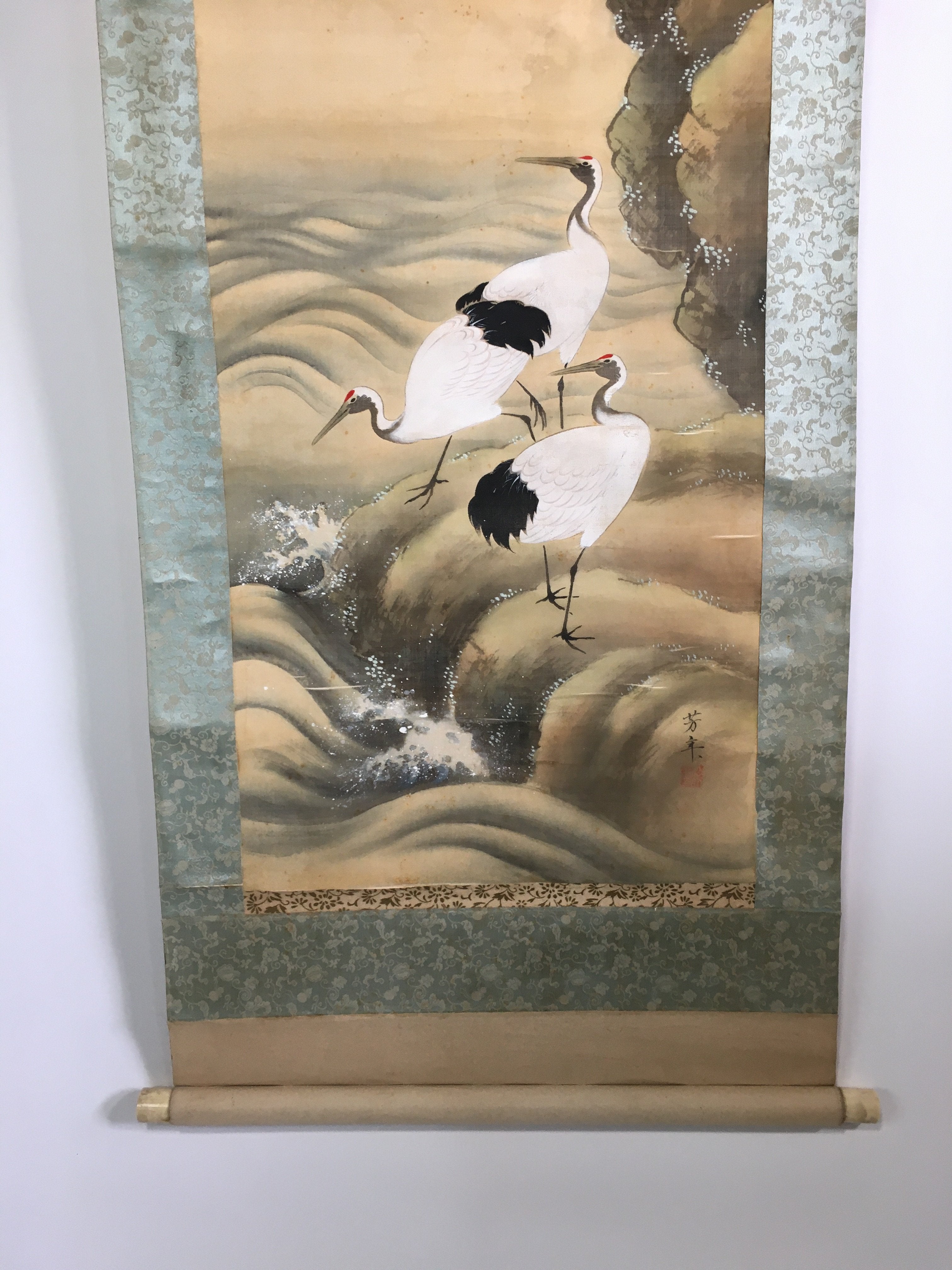 Japanese Hanging Scroll Vtg Kakejiku Kakemono Painting Scenery Cranes SC593