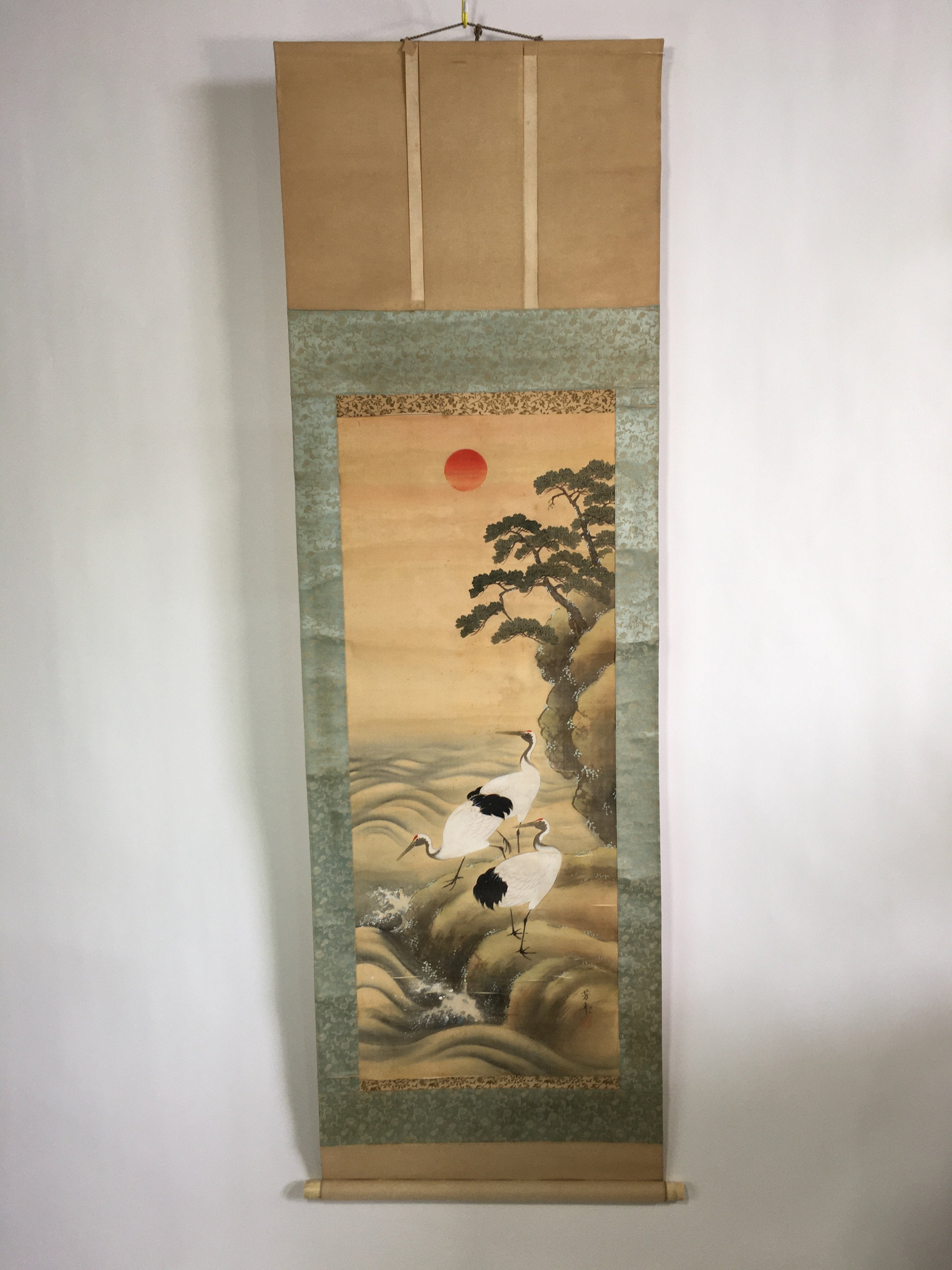 Japanese Hanging Scroll Vtg Kakejiku Kakemono Painting Scenery Cranes SC593