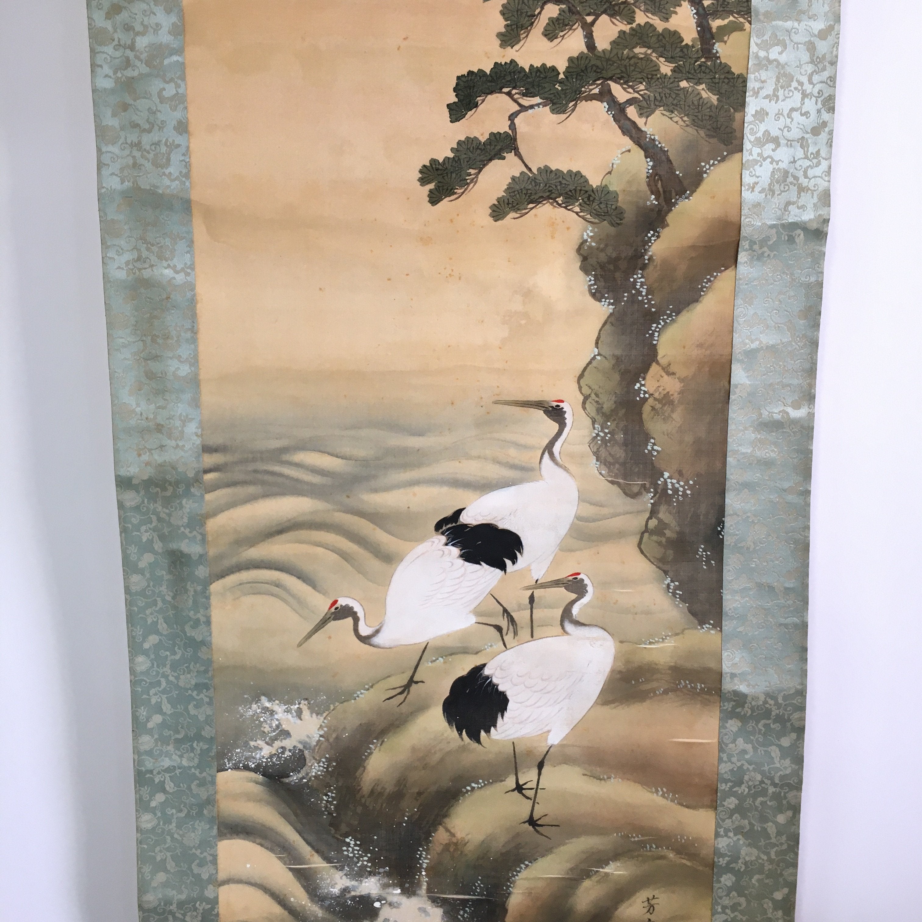 Japanese Hanging Scroll Vtg Kakejiku Kakemono Painting Scenery Cranes SC593