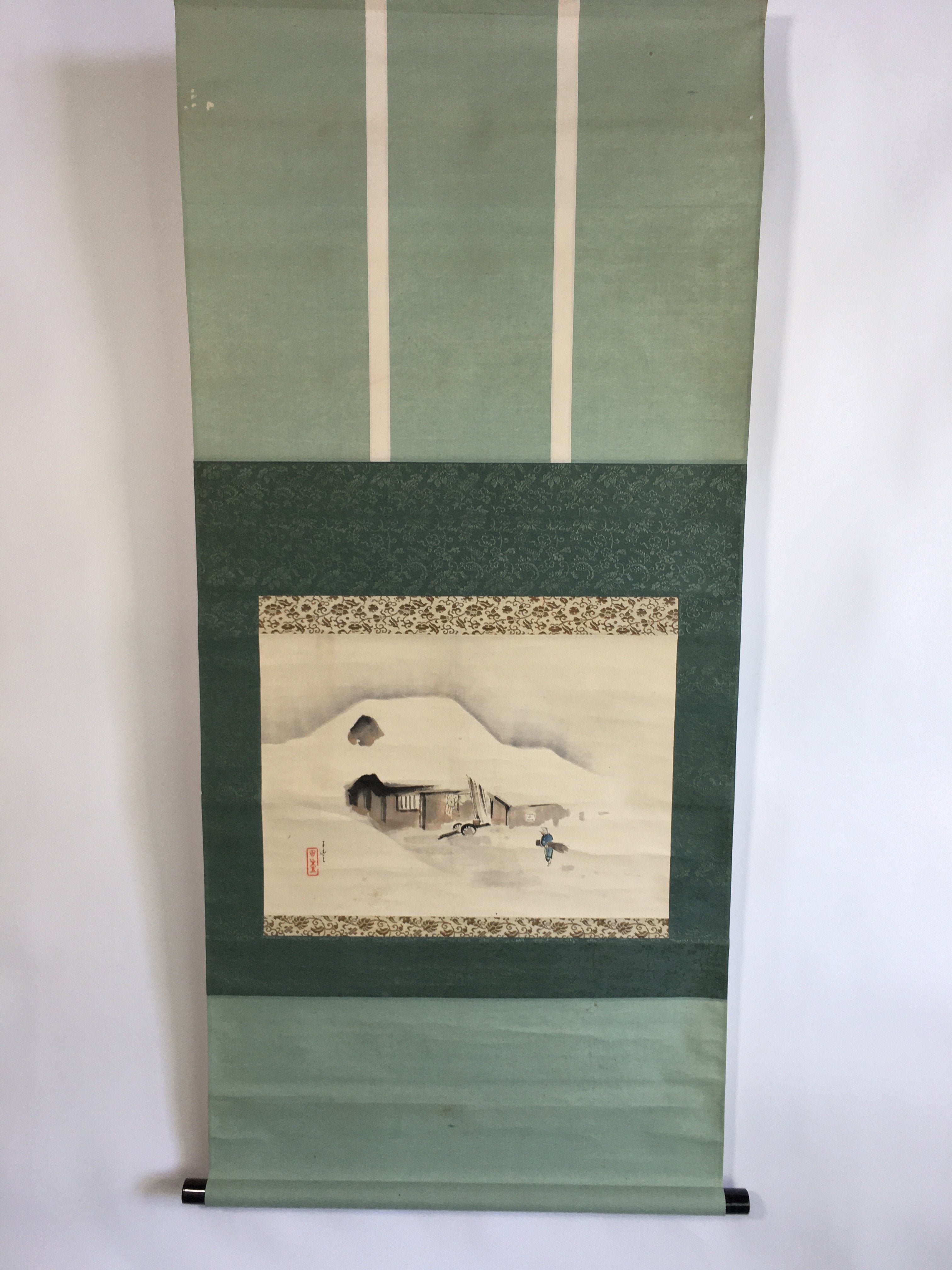 Japanese Hanging Scroll Vtg Kakejiku Kakemono Painting Snow Mountain Hut SC632