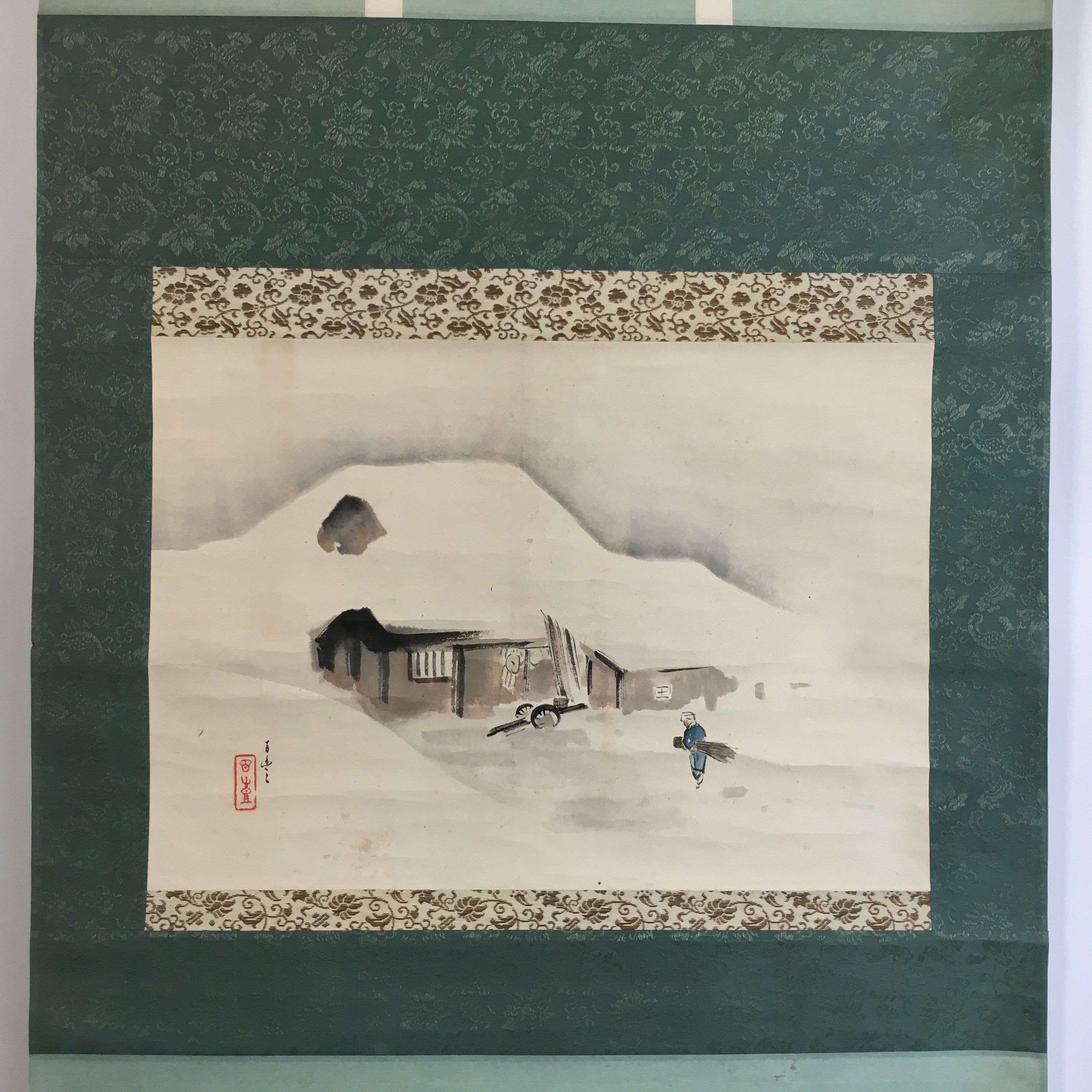 Japanese Hanging Scroll Vtg Kakejiku Kakemono Painting Snow Mountain Hut SC632