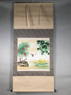 Japanese Hanging Scroll Vtg Kakejiku Kakemono Painting Sparrow Gourd SC578