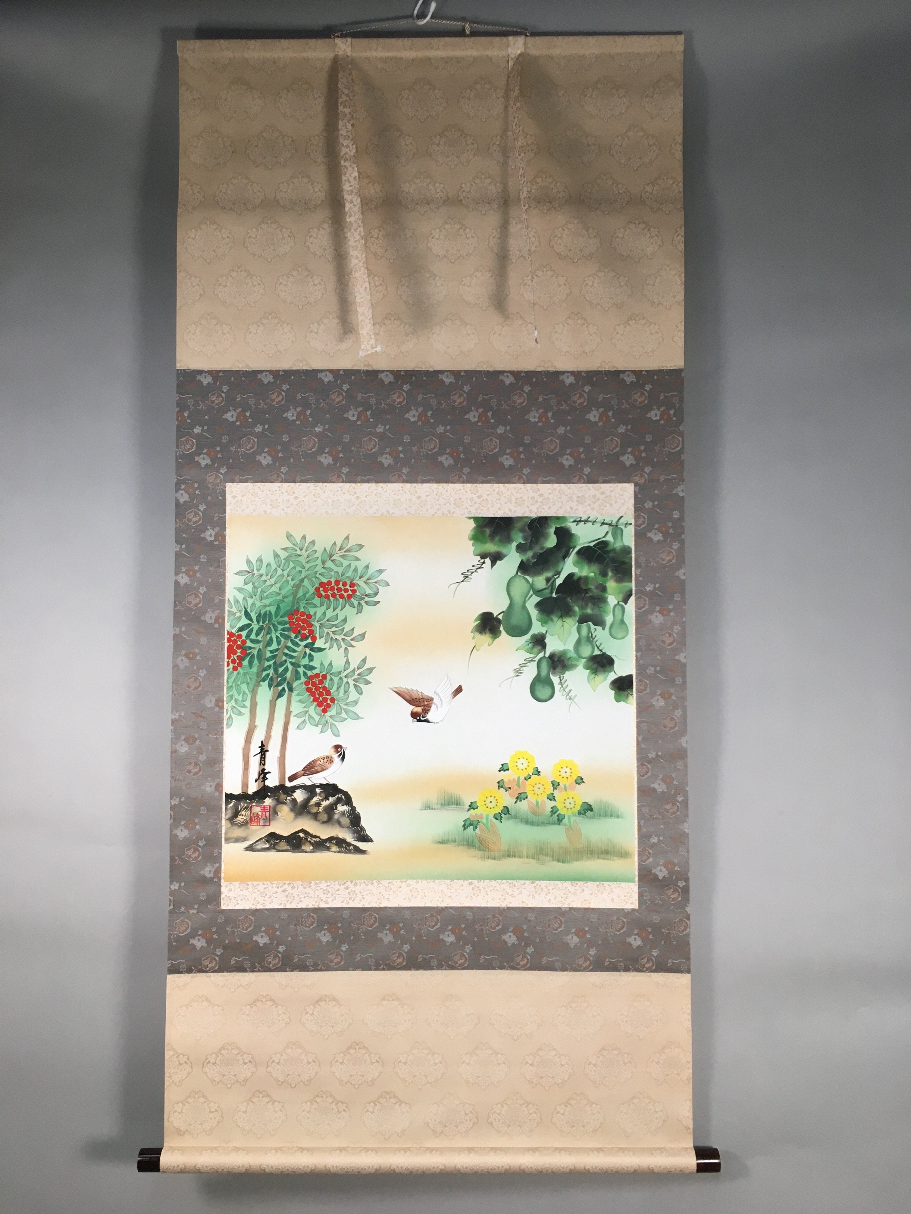 Japanese Hanging Scroll Vtg Kakejiku Kakemono Painting Sparrow Gourd SC578
