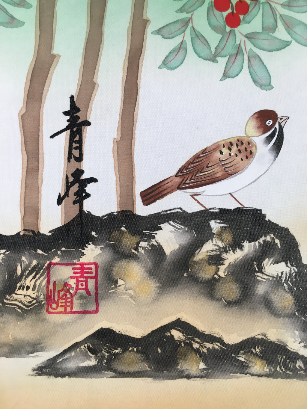 Japanese Hanging Scroll Vtg Kakejiku Kakemono Painting Sparrow Gourd SC578