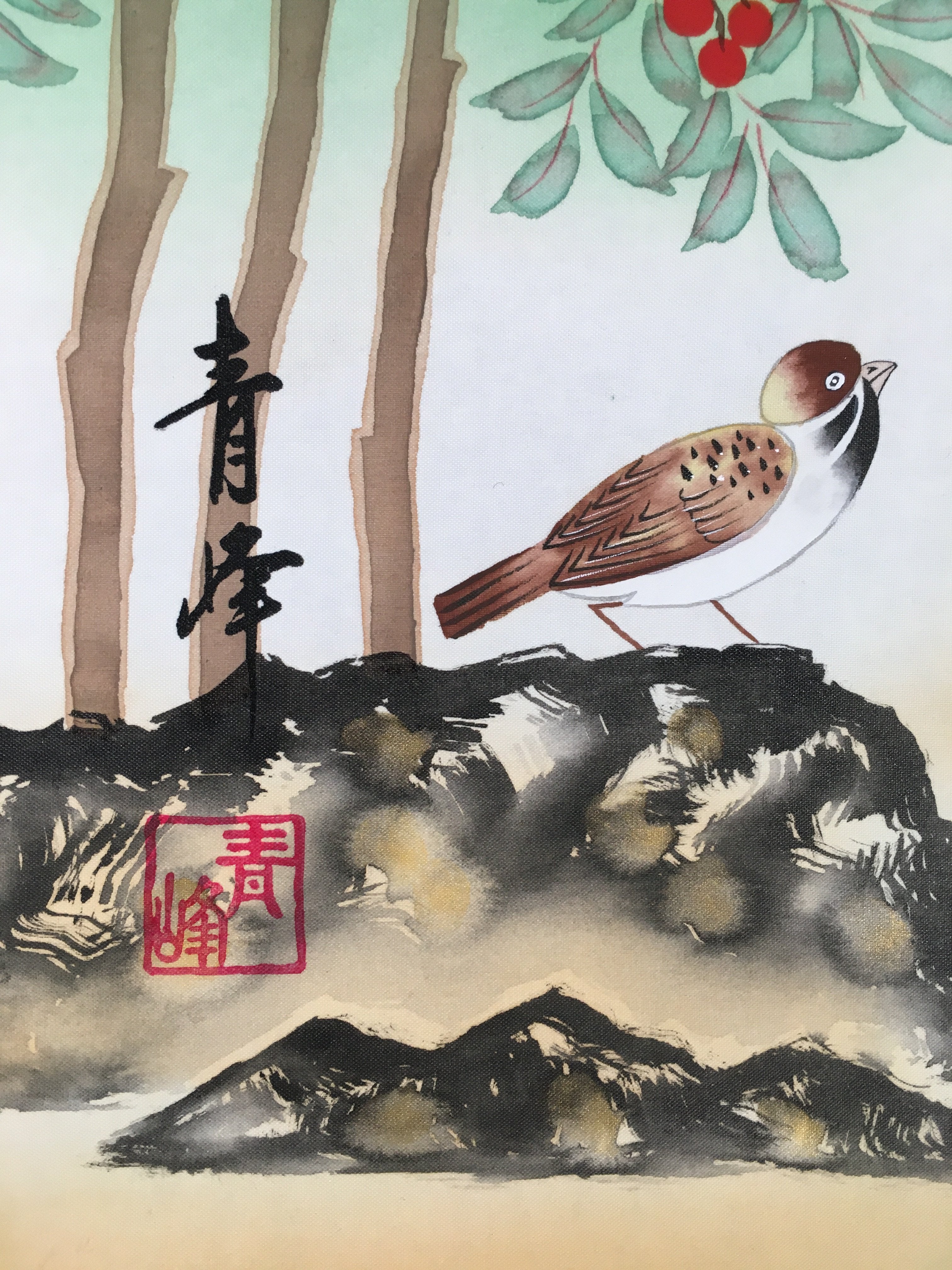 Japanese Hanging Scroll Vtg Kakejiku Kakemono Painting Sparrow Gourd SC578