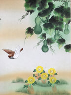 Japanese Hanging Scroll Vtg Kakejiku Kakemono Painting Sparrow Gourd SC578