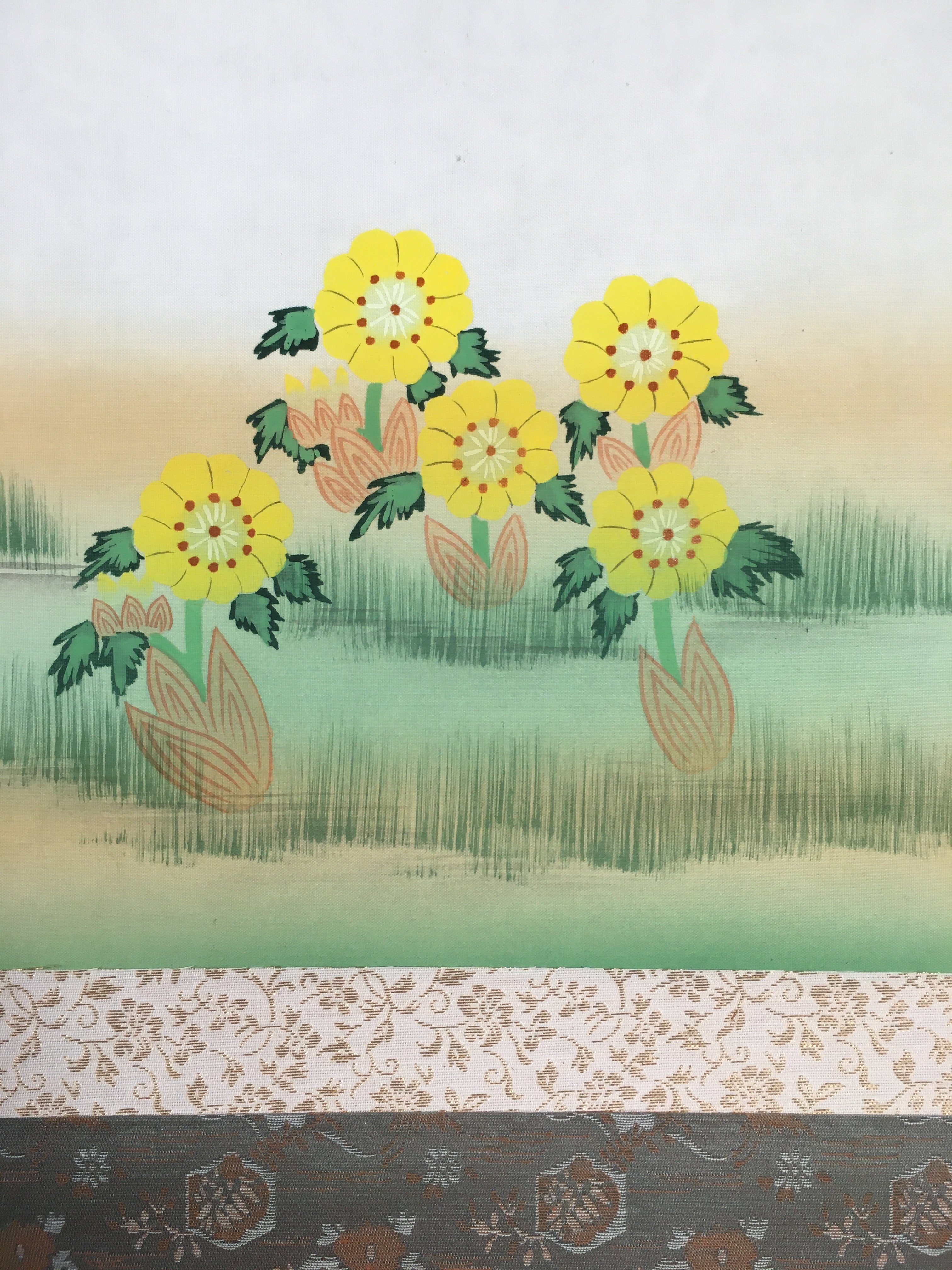 Japanese Hanging Scroll Vtg Kakejiku Kakemono Painting Sparrow Gourd SC578
