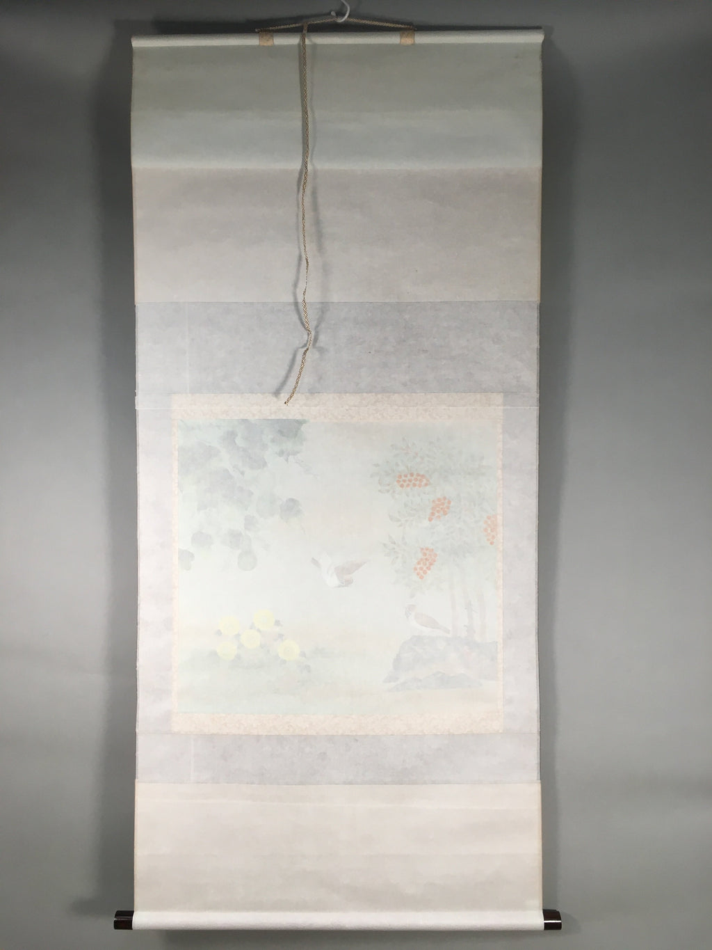 Japanese Hanging Scroll Vtg Kakejiku Kakemono Painting Sparrow Gourd SC578