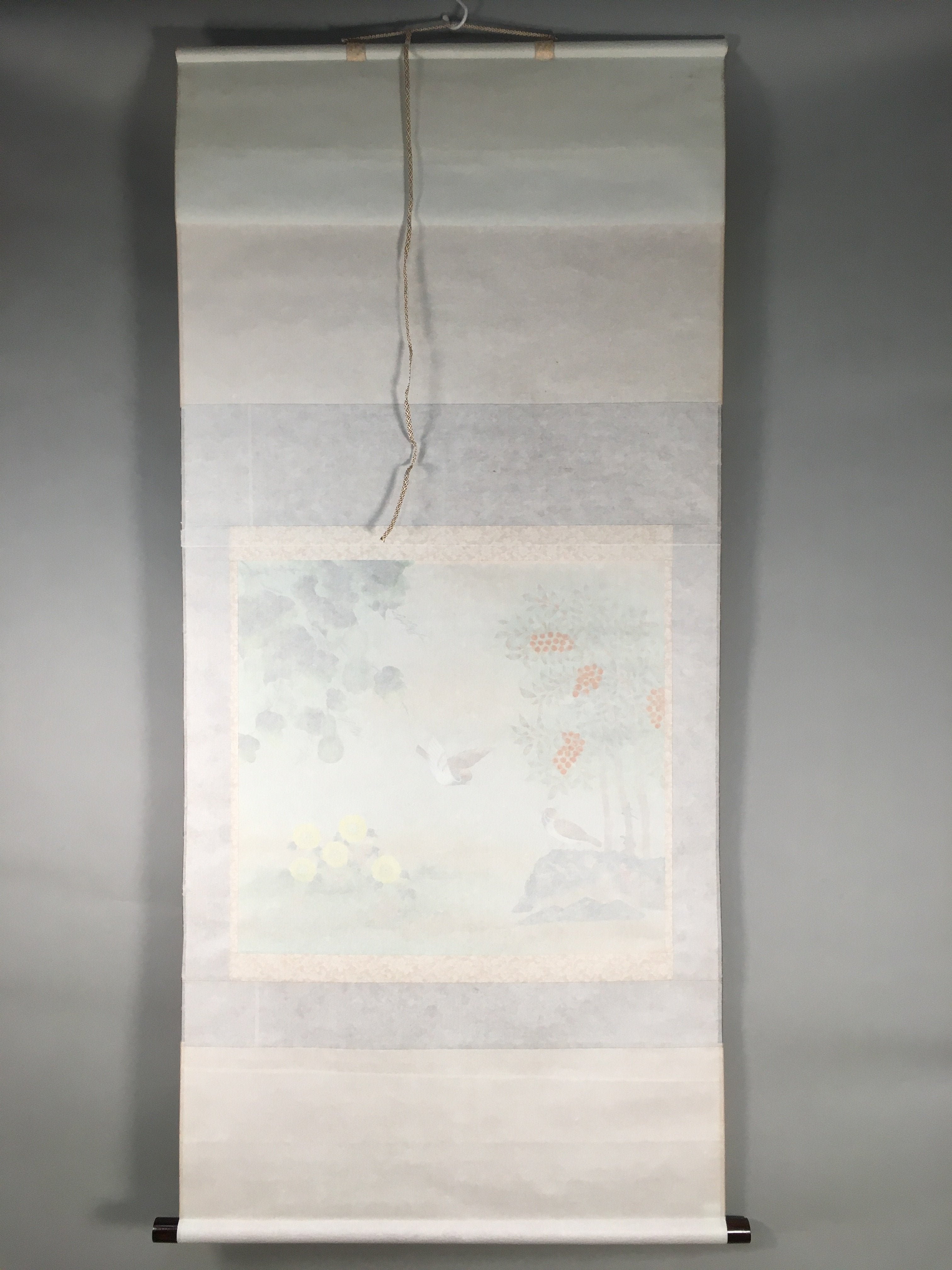Japanese Hanging Scroll Vtg Kakejiku Kakemono Painting Sparrow Gourd SC578