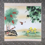 Japanese Hanging Scroll Vtg Kakejiku Kakemono Painting Sparrow Gourd SC578