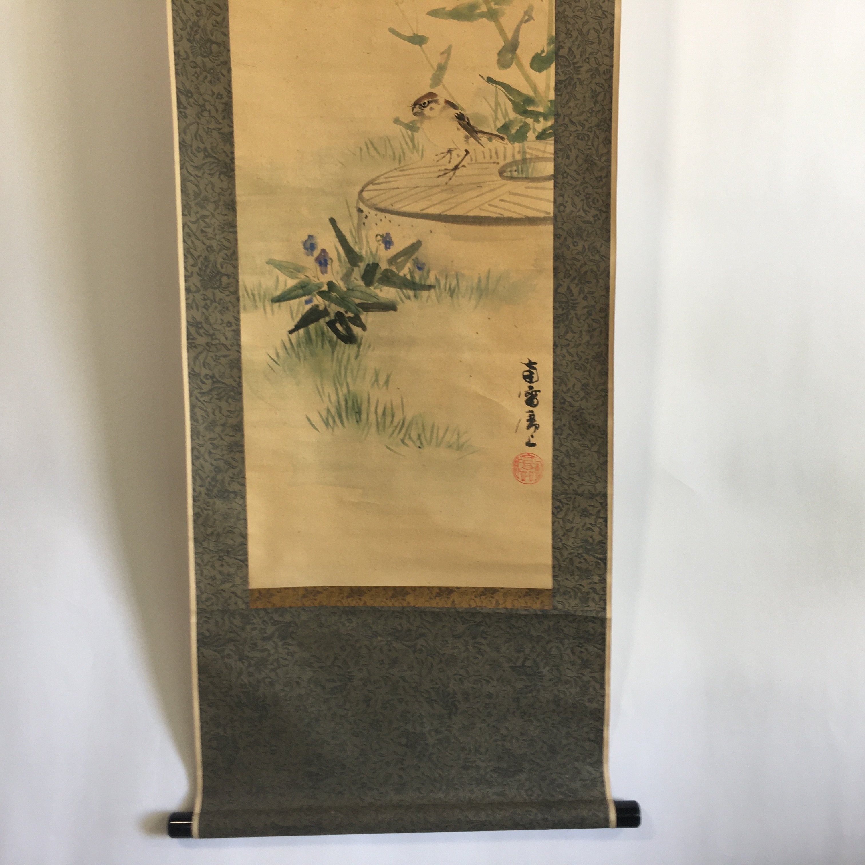 Japanese Hanging Scroll Vtg Kakejiku Kakemono Painting Spring Flowers SC640