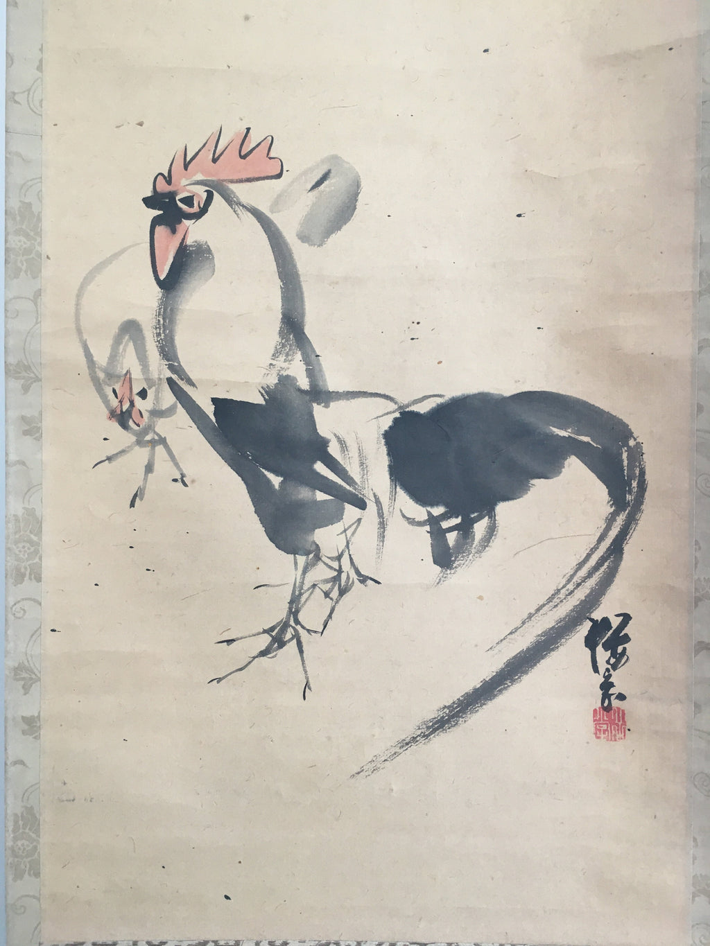 Japanese Hanging Scroll Vtg Kakejiku Kakemono Painting Sun Chicken SC683