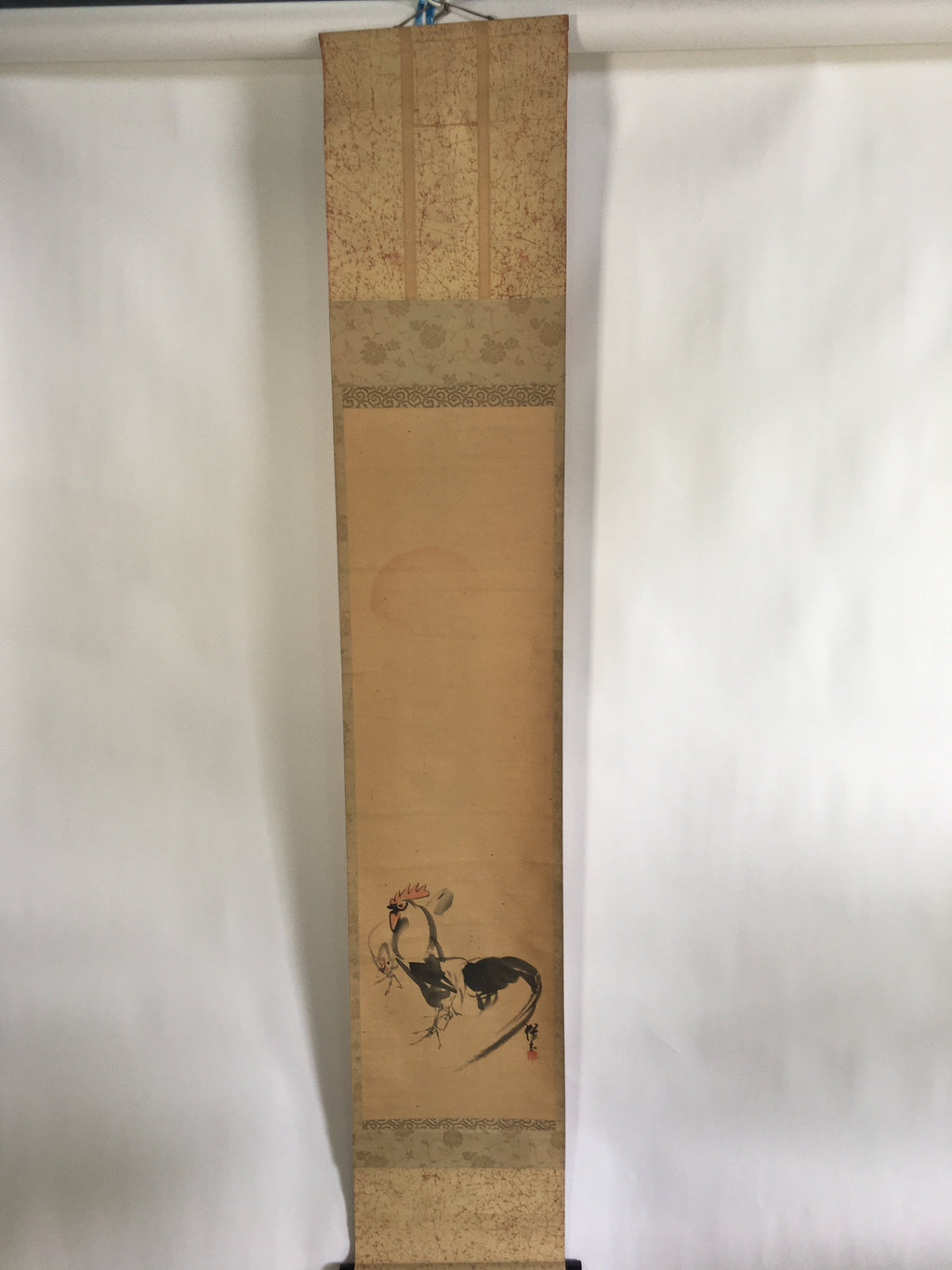 Japanese Hanging Scroll Vtg Kakejiku Kakemono Painting Sun Chicken SC683