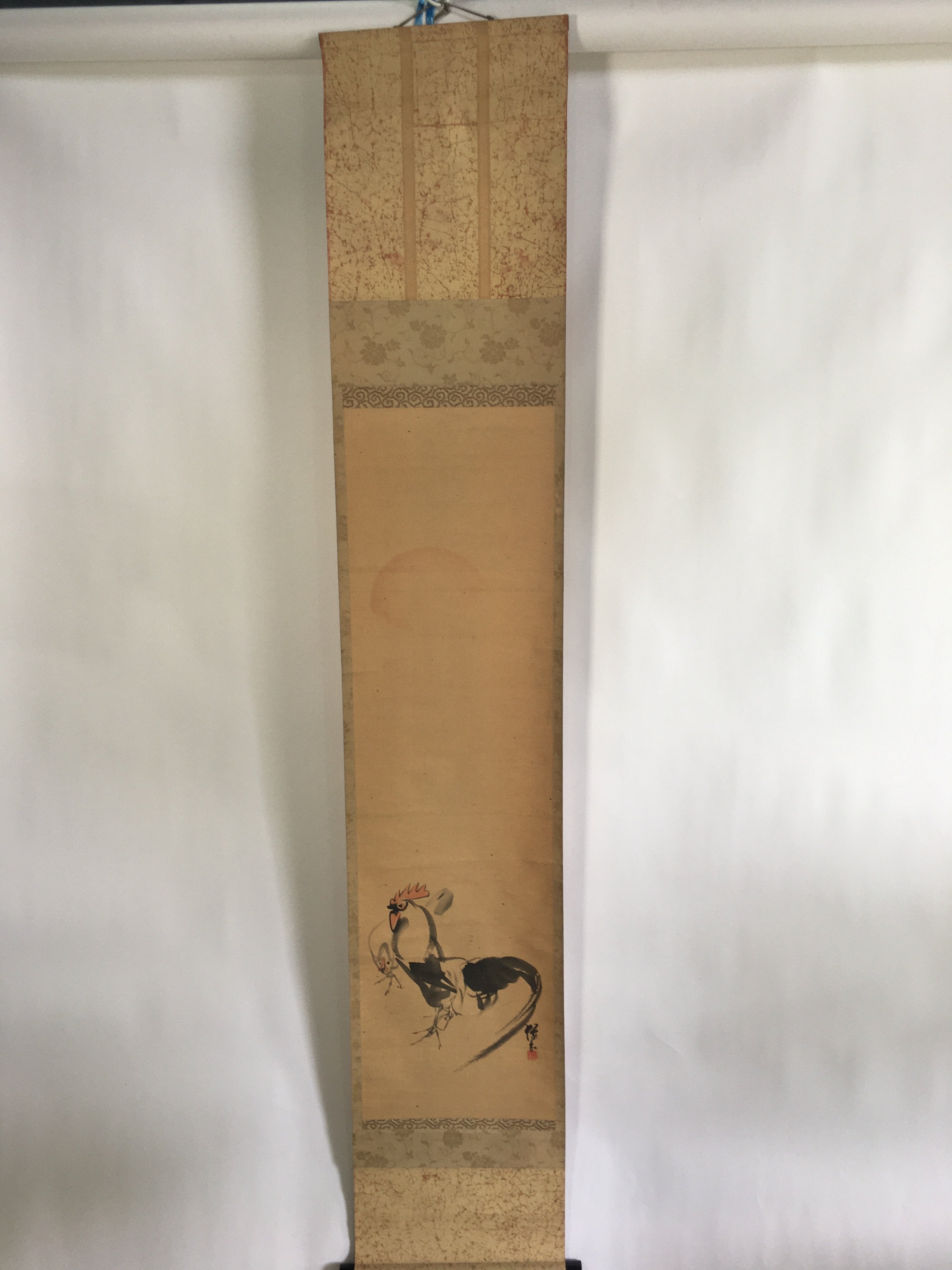 Japanese Hanging Scroll Vtg Kakejiku Kakemono Painting Sun Chicken SC683